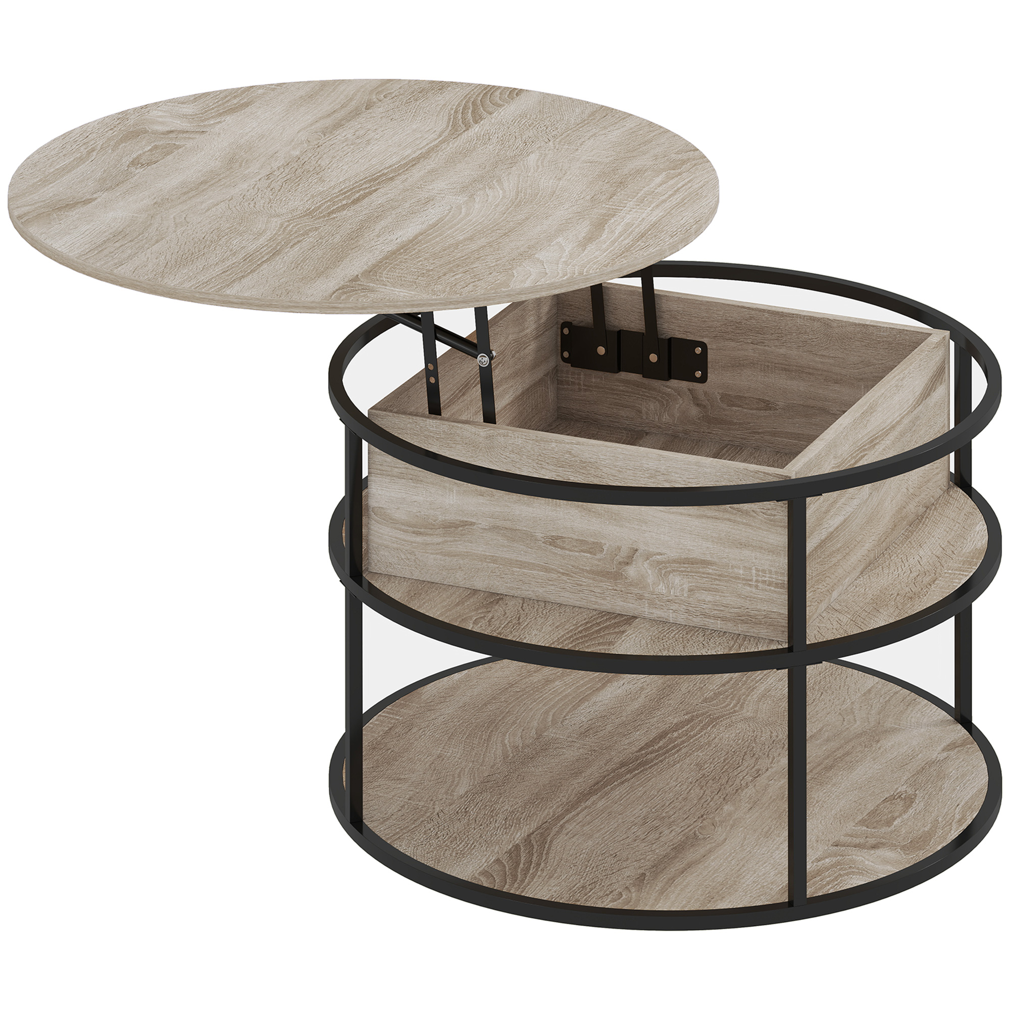 HOMCOM Couchtisch Rund Höhenverstellbar Ø80 cm Wohnzimmertisch mit Ablagefläche, Hebeplatte und verstecktem Stauraum Kaffeetisch Beistelltisch für Wohnzimmer, Eiche Aosom