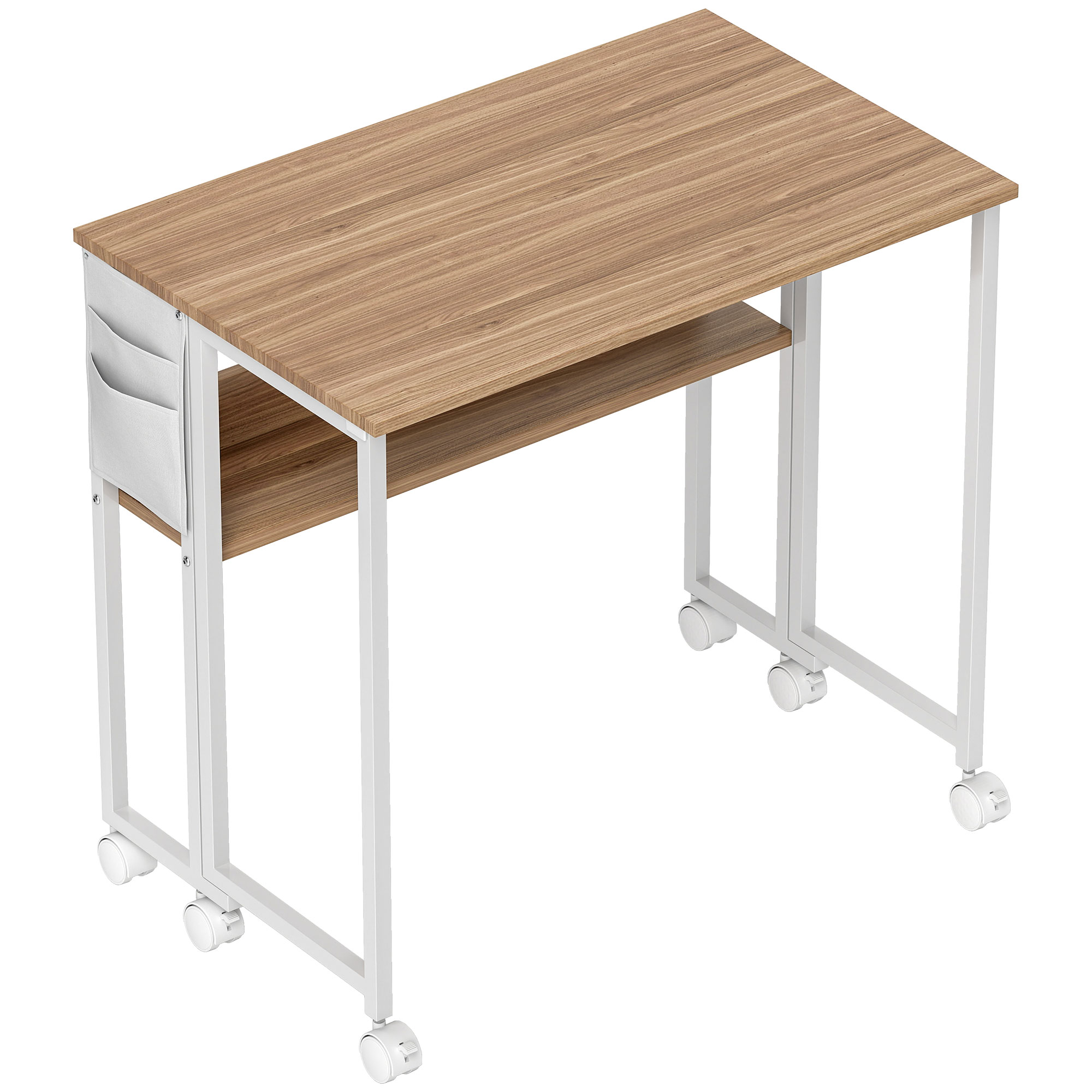 HOMCOM Schreibtisch Klappbar Kleiner 80 cm Klappschreibtisch mit Rollen Platzsparend Computertisch mit Regal, Aufbewahrungstasche, für Home Office, Natur Aosom