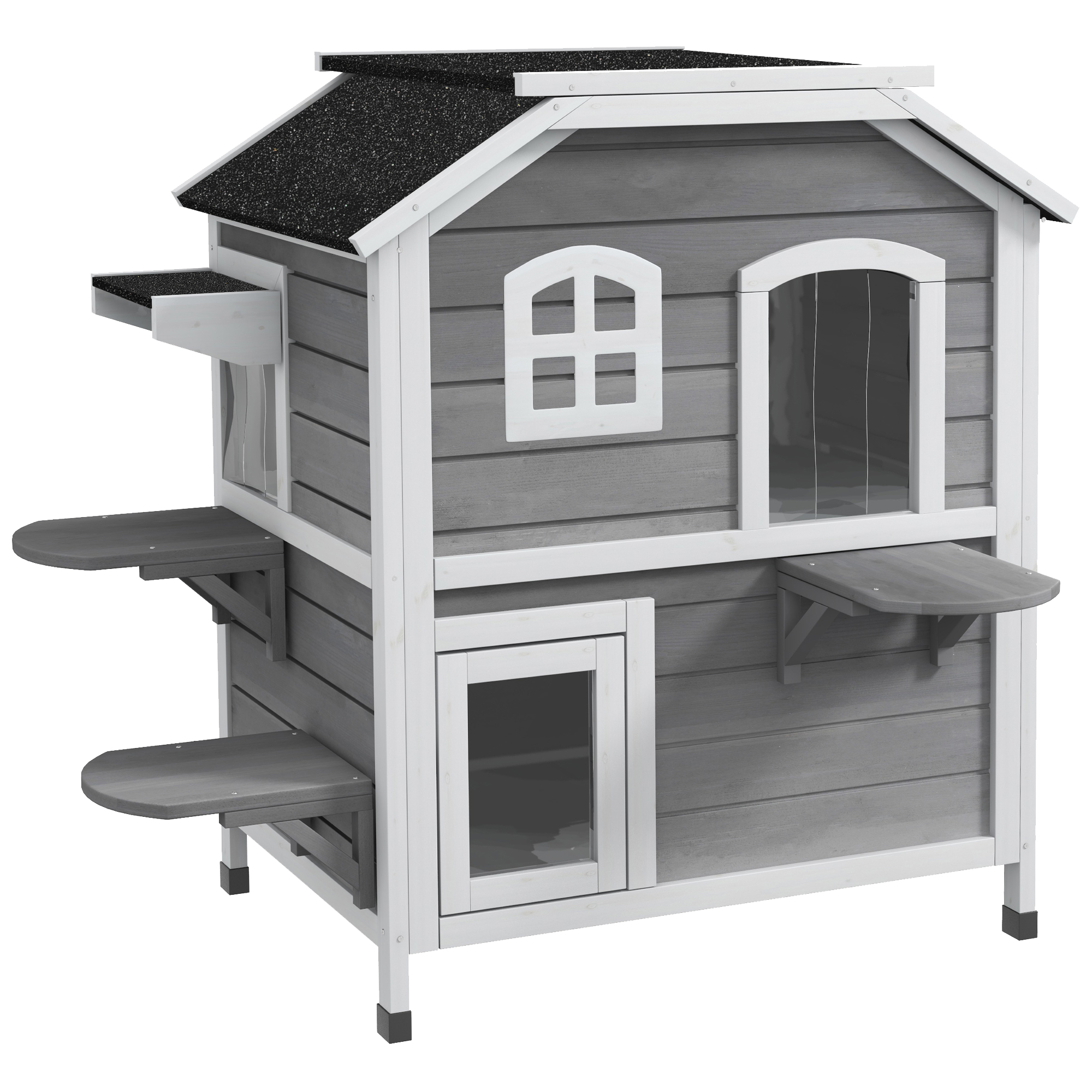 PawHut Casa pentru Pisici pe 2 Niveluri cu Acoperis Rabatabil, Lemn de Brad, 99,5 x 76 x 91 cm, Gri | Aosom Romania
