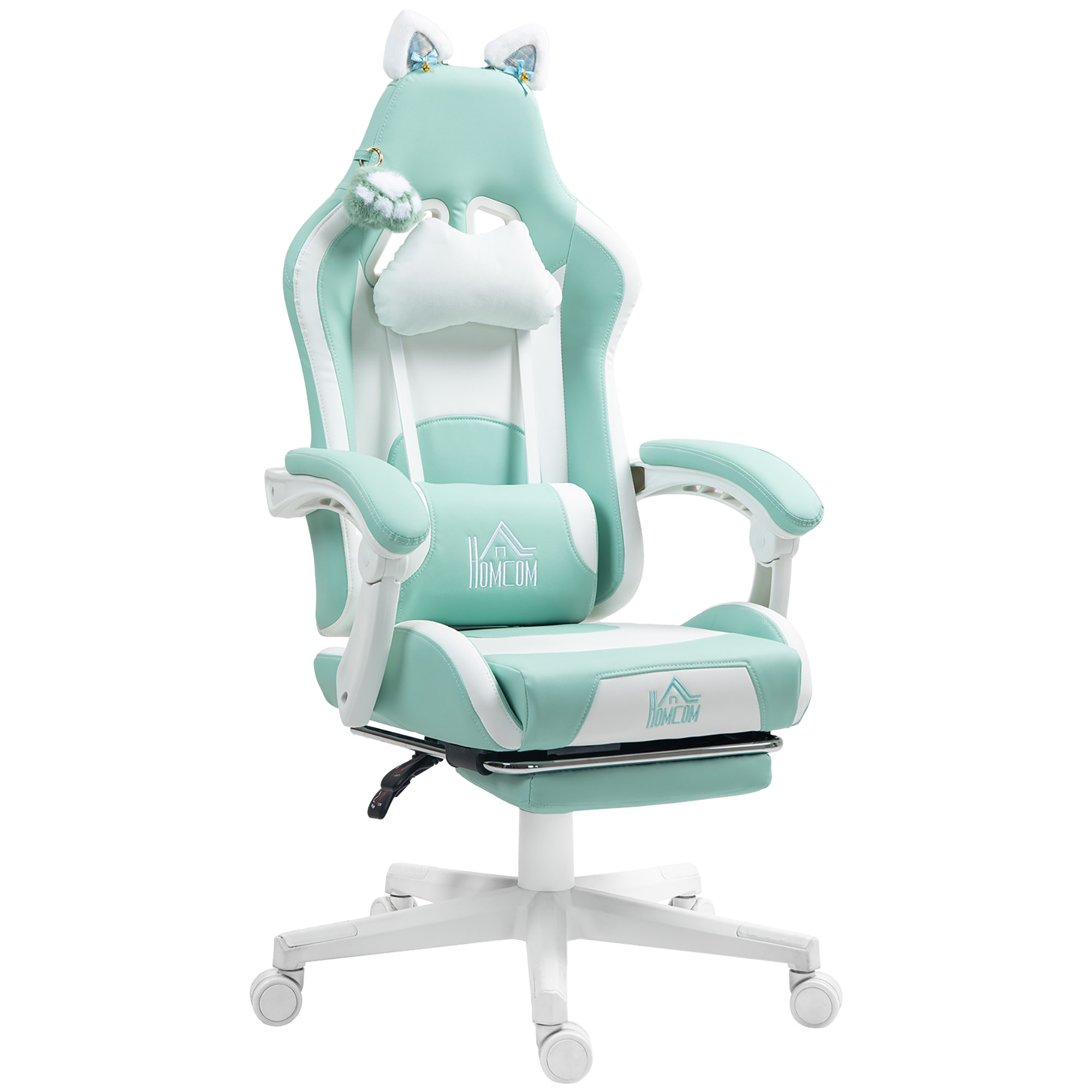 Scaun de Gaming Reclinabil HOMCOM cu Suport pentru Picioare și Perne din Piele Artificială și Spumă 65x62x116-124 cm Albastru și Alb | Aosom Romania