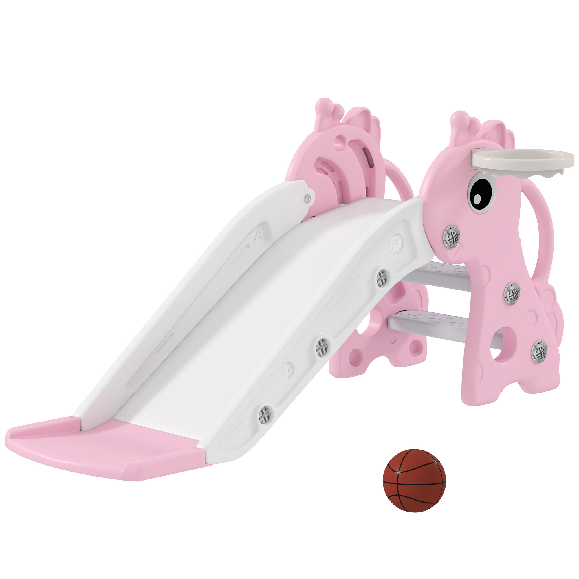 AIYAPLAY Tobogan pentru copii 3 în 1 în formă de girafă cu coș de baschet cățărare și minge 106 x 515 x 52 cm roz | Aosom Romania