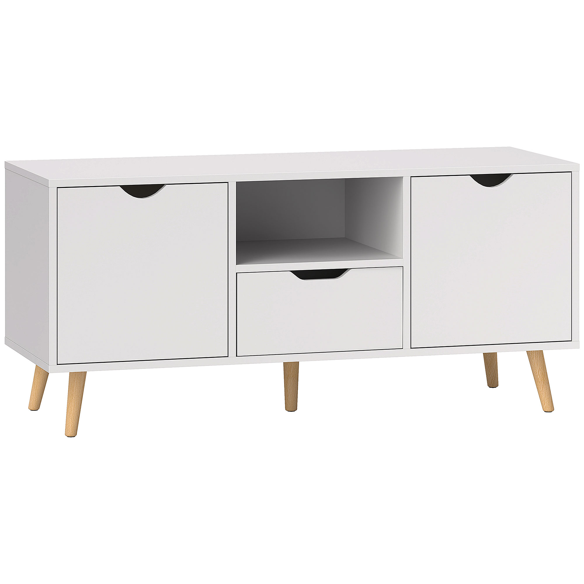 HOMCOM Mobilier TV de 50 cu Sertar Raft Deschis și 2 Dulapuri Mobilier TV cu 5 Picioare din Lemn 110x40x50 cm Alb | Aosom Romania