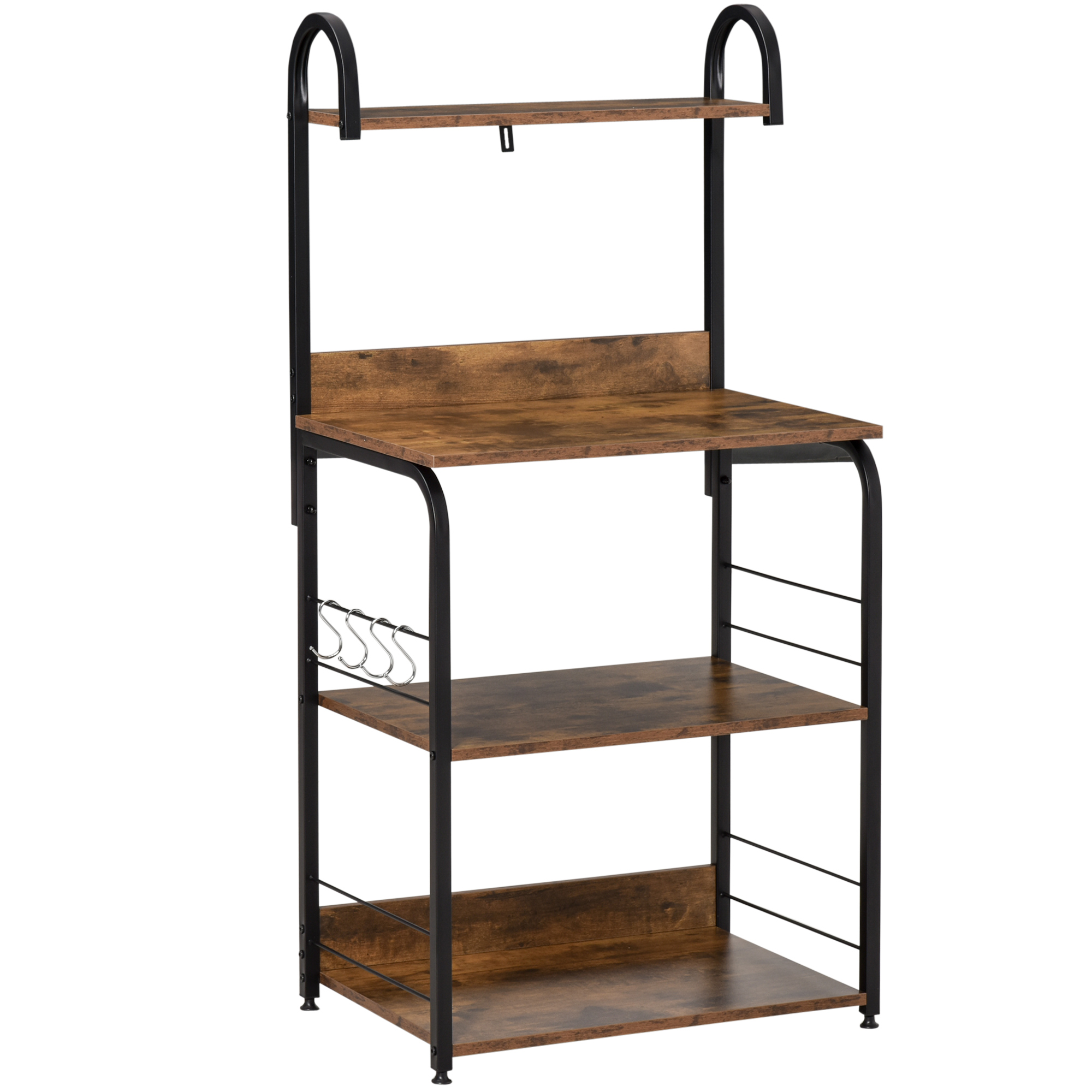 HOMCOM Küchenregal, Standregal mit 3 Ablagen, 4 Haken, Mikrowellenregal, Bäckerregal mit Stahlrahmen für Küche Esszimmer, Rustikal-Braun, 60 x 40 x 125 cm Aosom