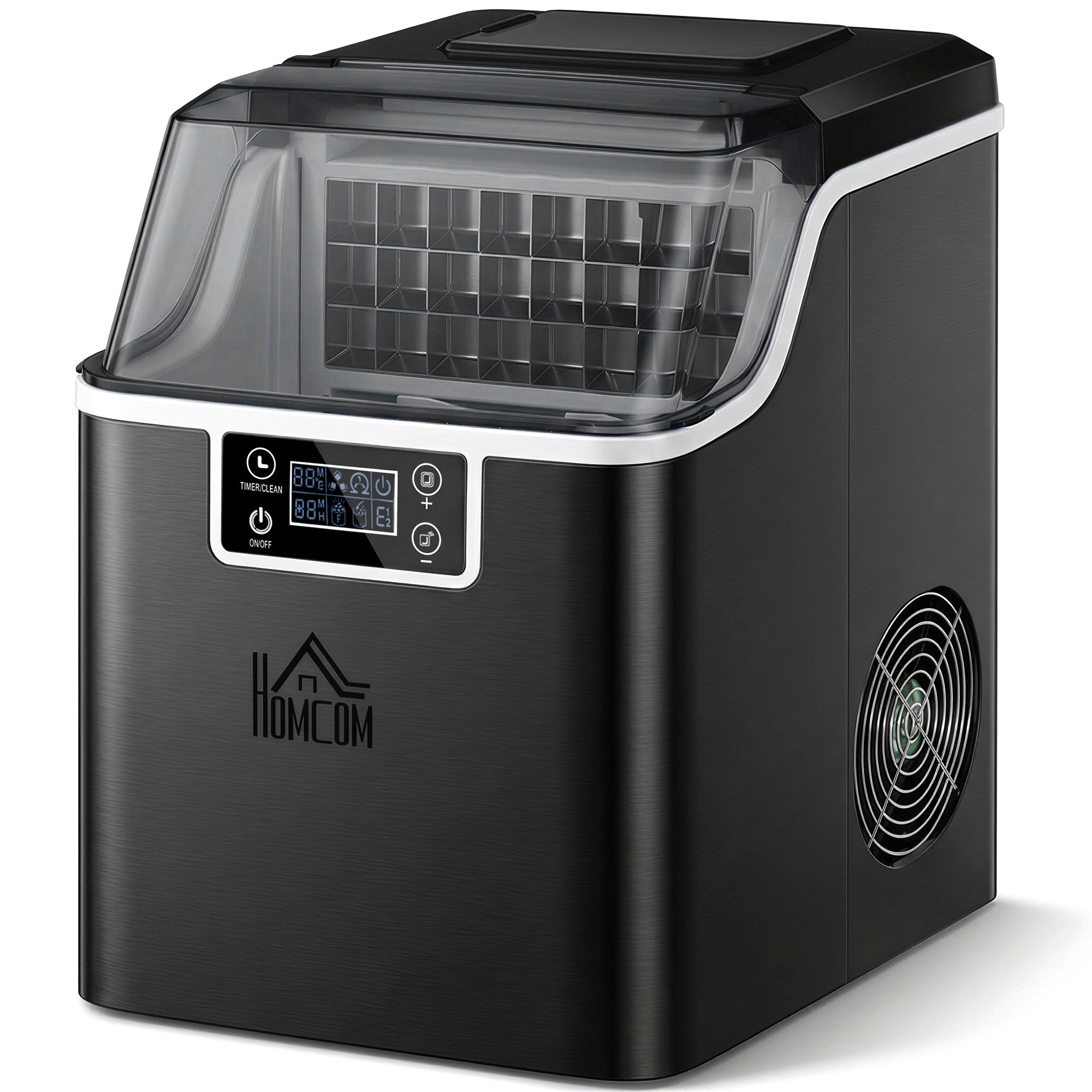 HOMCOM Eiswürfelmaschine, Ice Maker Edelstahl 24 Eiswürfel in 14-18 Min., 20kg/24h, 3,2L Wassertank, Selbstreinigend Eiswürfelbereiter mit 2 Arten der Wasserbefüllung, für Küche, Büro, Party, Schwarz Aosom