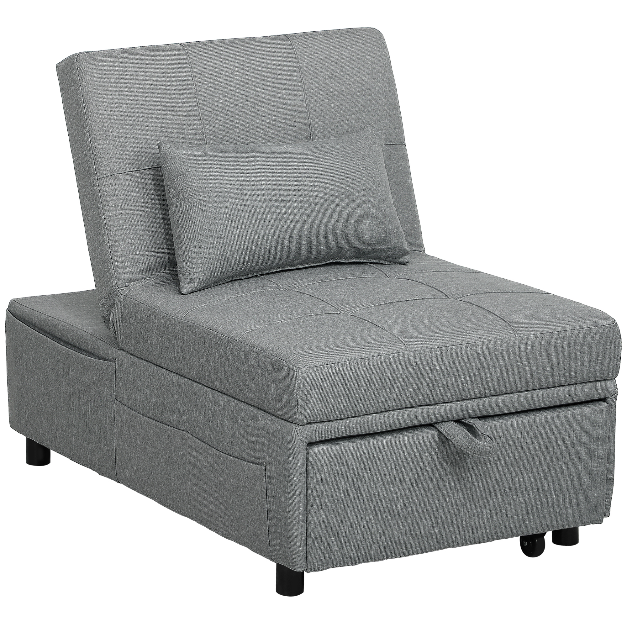 HOMCOM Fauteuil 3-en-1 avec poche latérale, lit d'appoint avec coussin, dossier réglable, fauteuil-lit sur roulettes, Gris clair