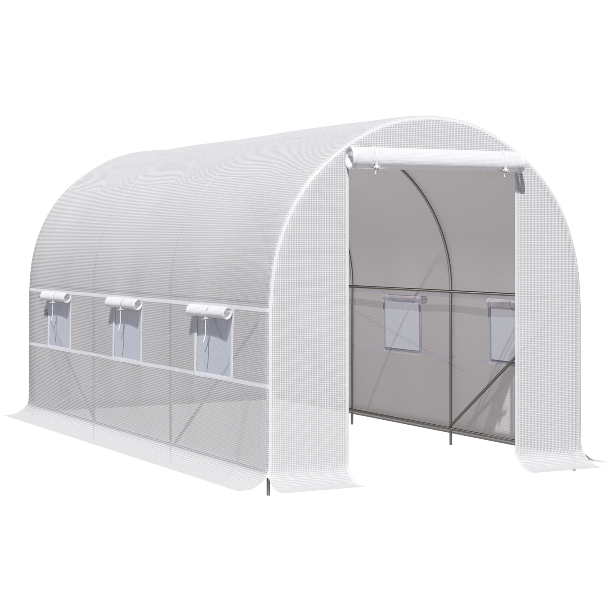 Outsunny Tunnel-Gewächshaus 8m², Tunnel-Gewächshaus 400 x 200 x 200 cm mit Tür und 6 Fenstern, für draußen, ganzjährig, Gemüse, Obst, Blumen, PE-Abdeckung hohe Dichte 140 g/m² weiß Aosom