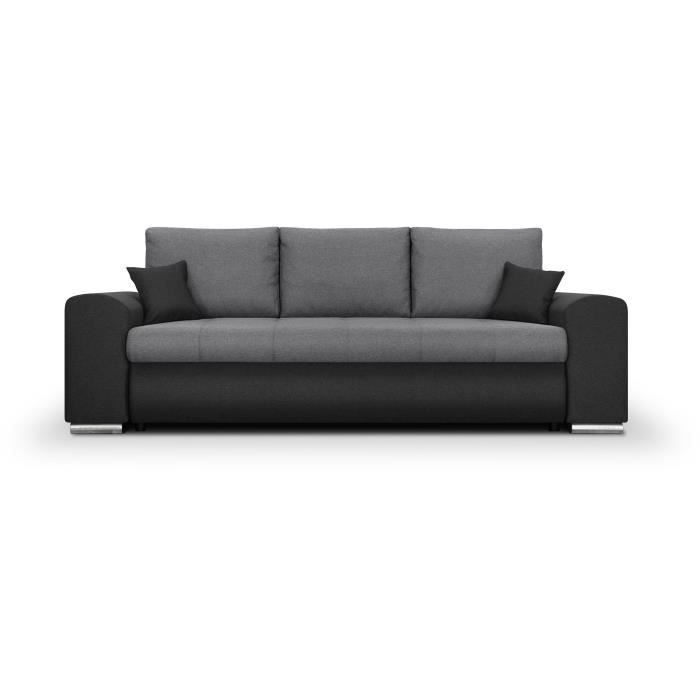 Canapé convertible avec coffre de rangement 3 places - INDIAN - Tissu bicolore gris / anthracite et pieds chrome - L250xH88xP98cm