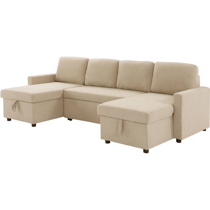 Canapé panoramique convertible - 4 places - MARCEL - Tissu Beige - 2 coffres