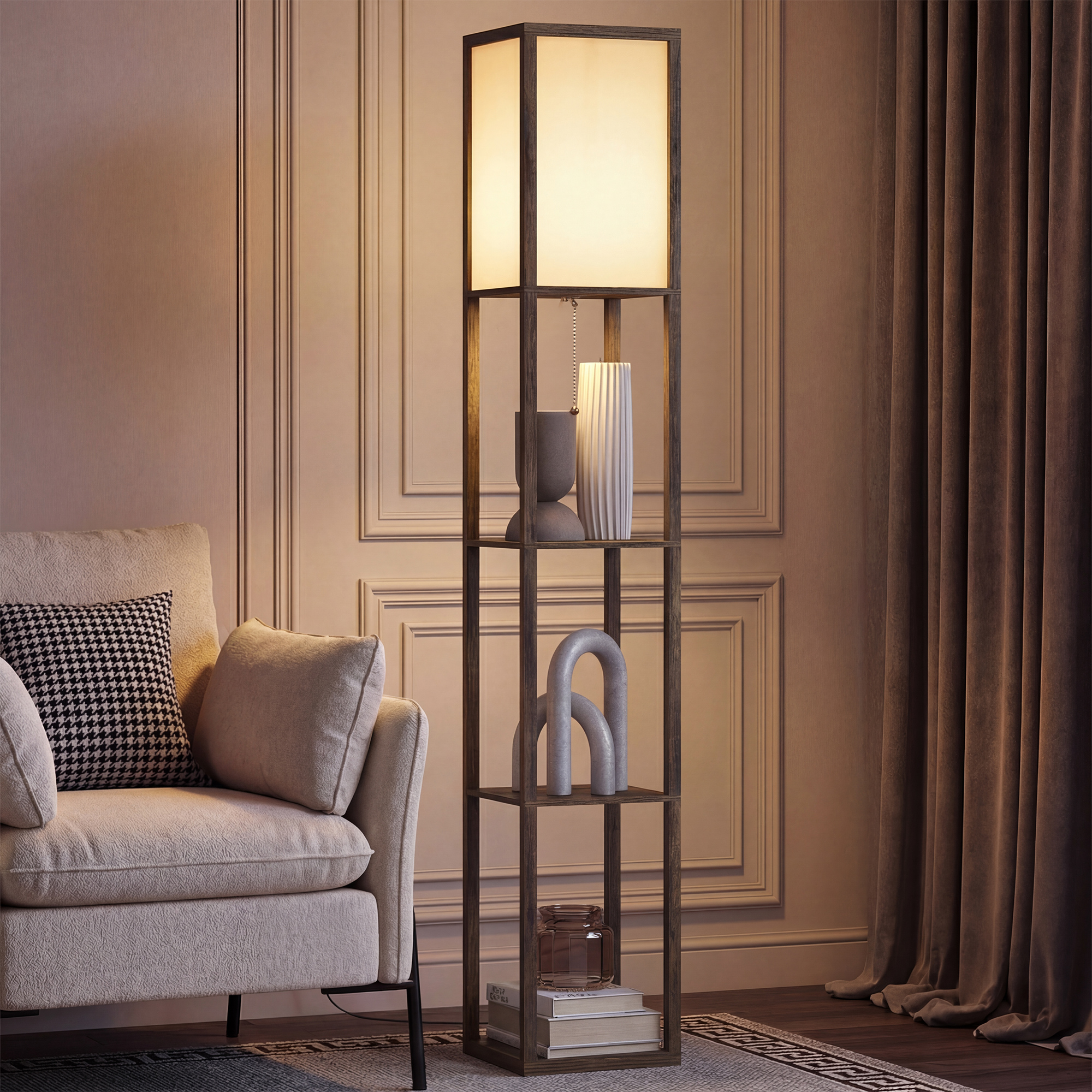 Homcom Rustic Brown Floor Lamp With Shelves, Floor Light W/ Storage Shelf, Floor Standing Lamp For Living Room, Bedroom, Office, Dorm, Brown | Aosom Uk
