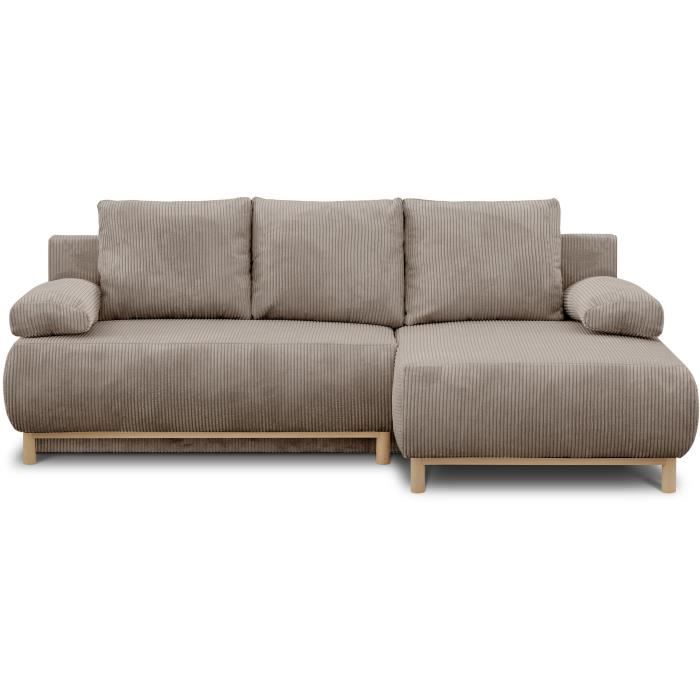 Canapé d'angle droit convertible - 3 places - MIKA - Tissu velours côtelé taupe - Coffre de rangement