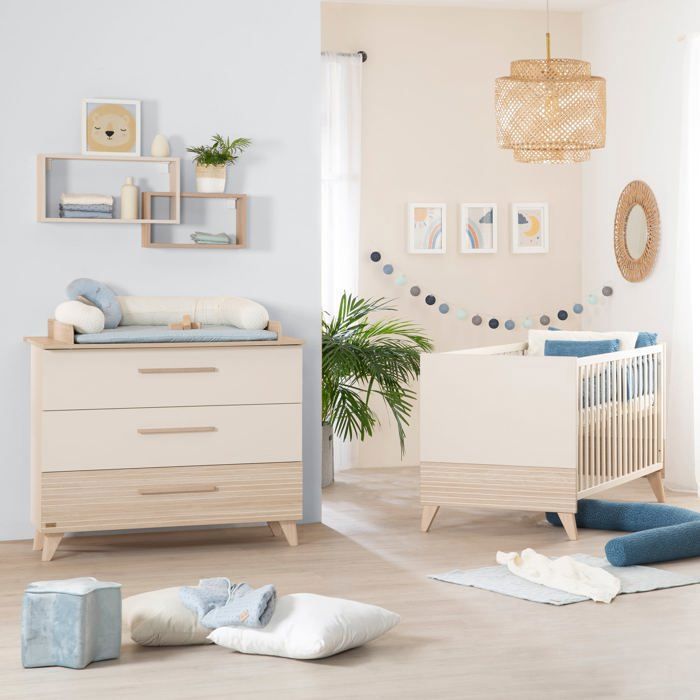 Chambre bébé duo : Lit évolutif 70 x 140 cm + Commode a langer - SIDNEY - ROBA - Chene / Beige