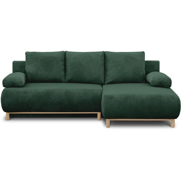 Canapé d'angle droit convertible - 3 places - MIKA - Tissu velours côtelé vert foncé - Coffre de rangement