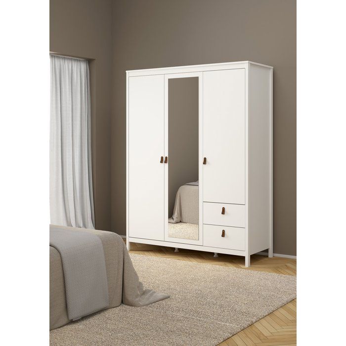 Armoire de chambre - MADRID - Blanc - 3 portes dont 1 avec miroir - 150 x 58,4 x 199 cm