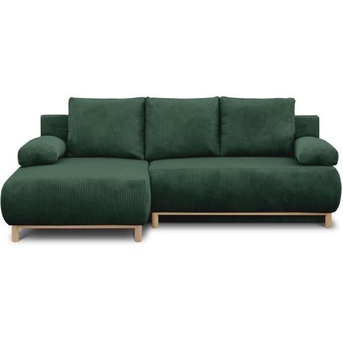 Canapé d'angle gauche convertible - 3 places - MIKA - Tissu velours côtelé vert foncé - Coffre de rangement