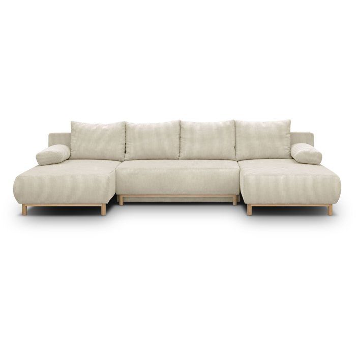 Canapé panoramique convertible - 6 places - MIKA - Velours côtelé Beige - Coffre de rangement
