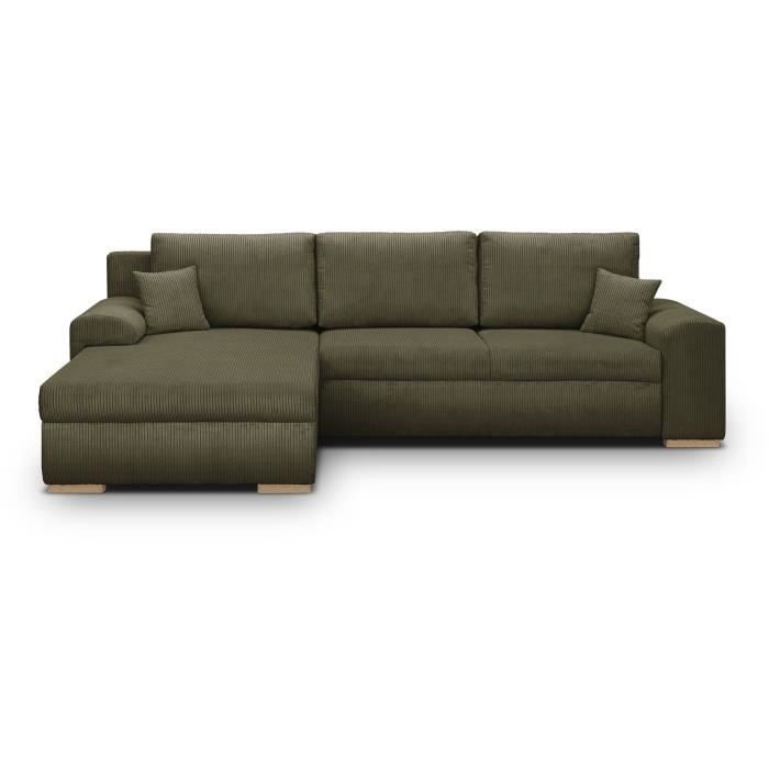Canapé d'angle convertible - 5 places - INDIAN - Tissu velours côtelé Vert kaki - Coffre de rangement - 289 x 94/
