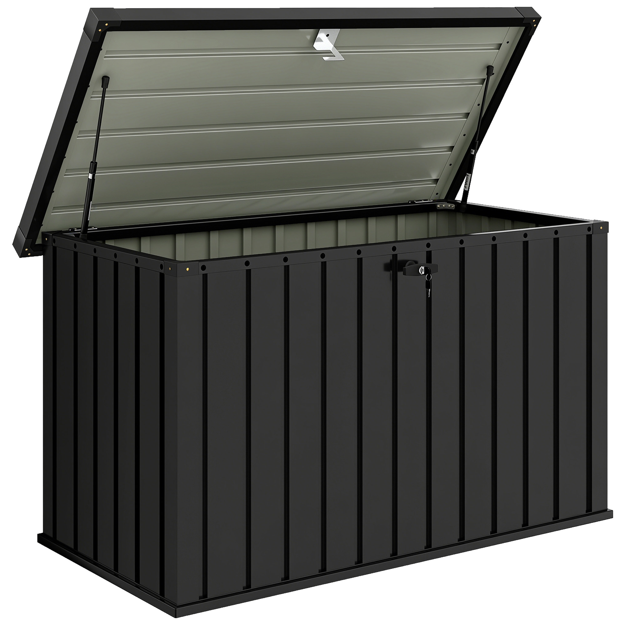 Outsunny Außenbox 400L aus verzinktem Stahl, Gartenbox mit abschließbarem Deckel und 2 Schlüsseln, Gasdruckfedern, Aufbewahrungsbox für Garten Terrasse Pool, 124x66x72 cm, Schwarz   Aosom