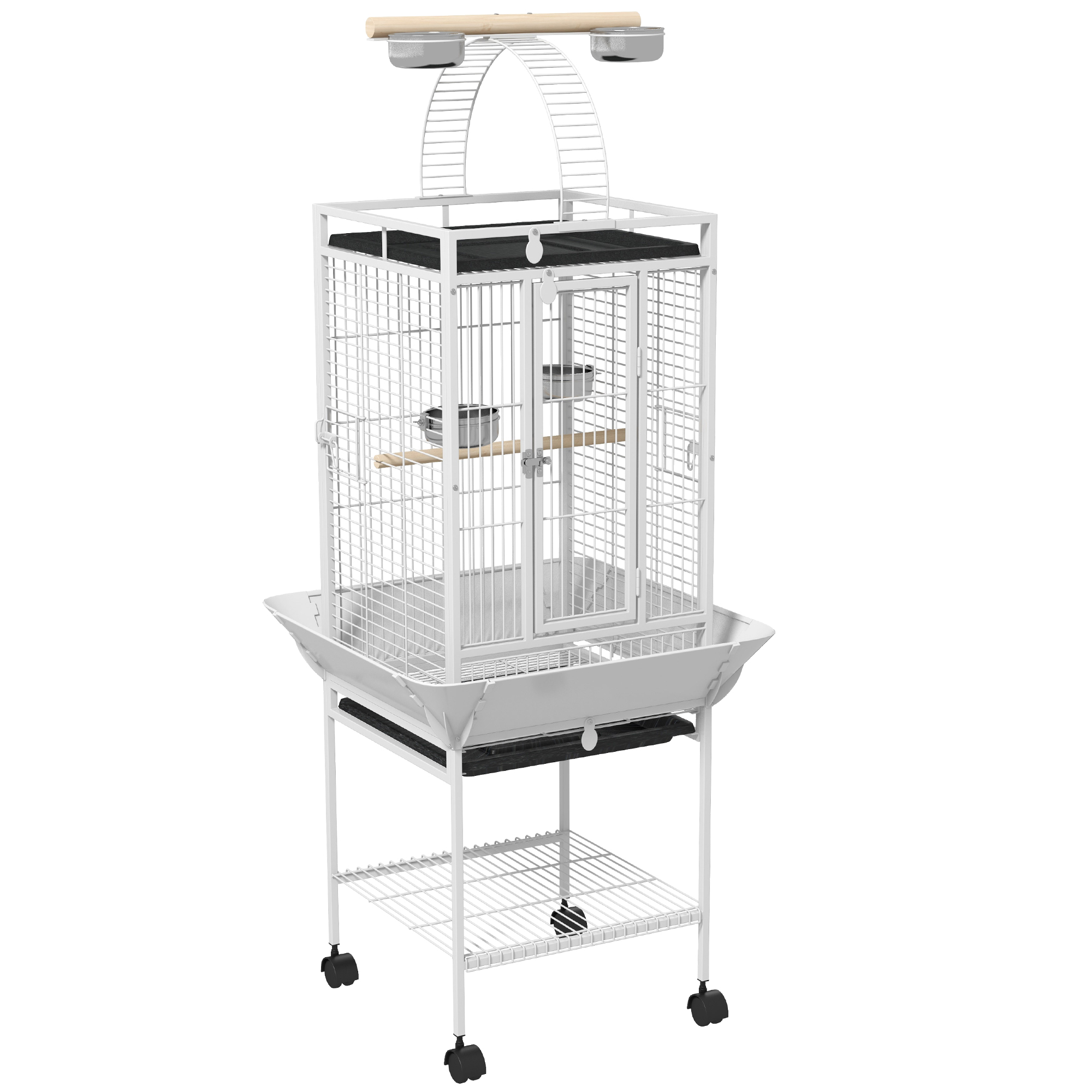 Bird Cage, Parrot Cage with 3 Doors, 2 Perches, 360° Casters, Feeding Bowl, Shelf, Outdoor Perch, 62.5x62.5x156cm, White