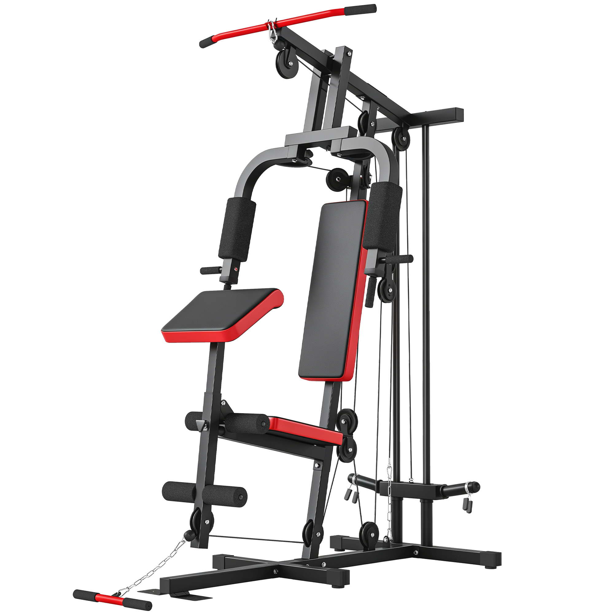 Kraftstation Fitnessstation mit Latzug, Butterflystange, verstellbar Preacher Bank, Beintrainer, bis 120kg Schwarz+Rot