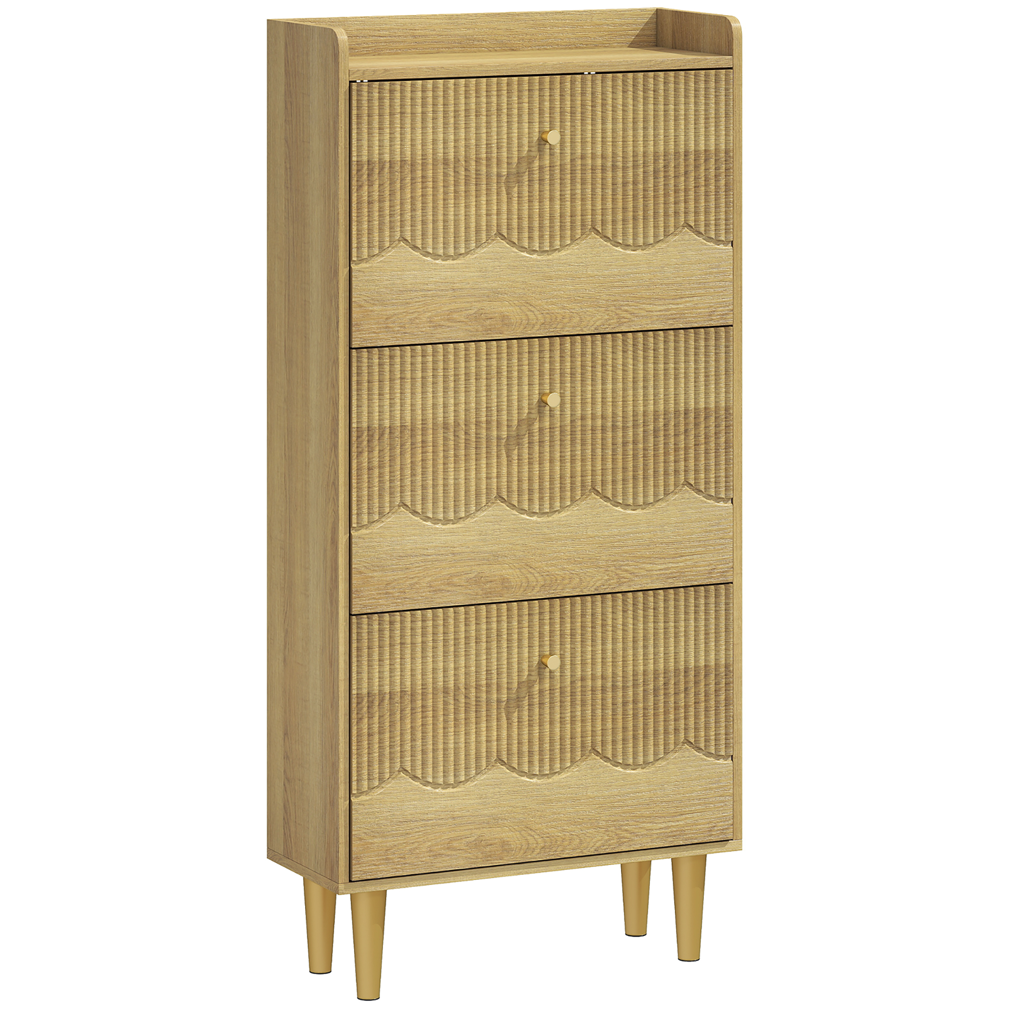 Homcom Oak Narrow Shoe Cabinet, Modern Shoe Storage Cabinet With 3 Flip Drawers,