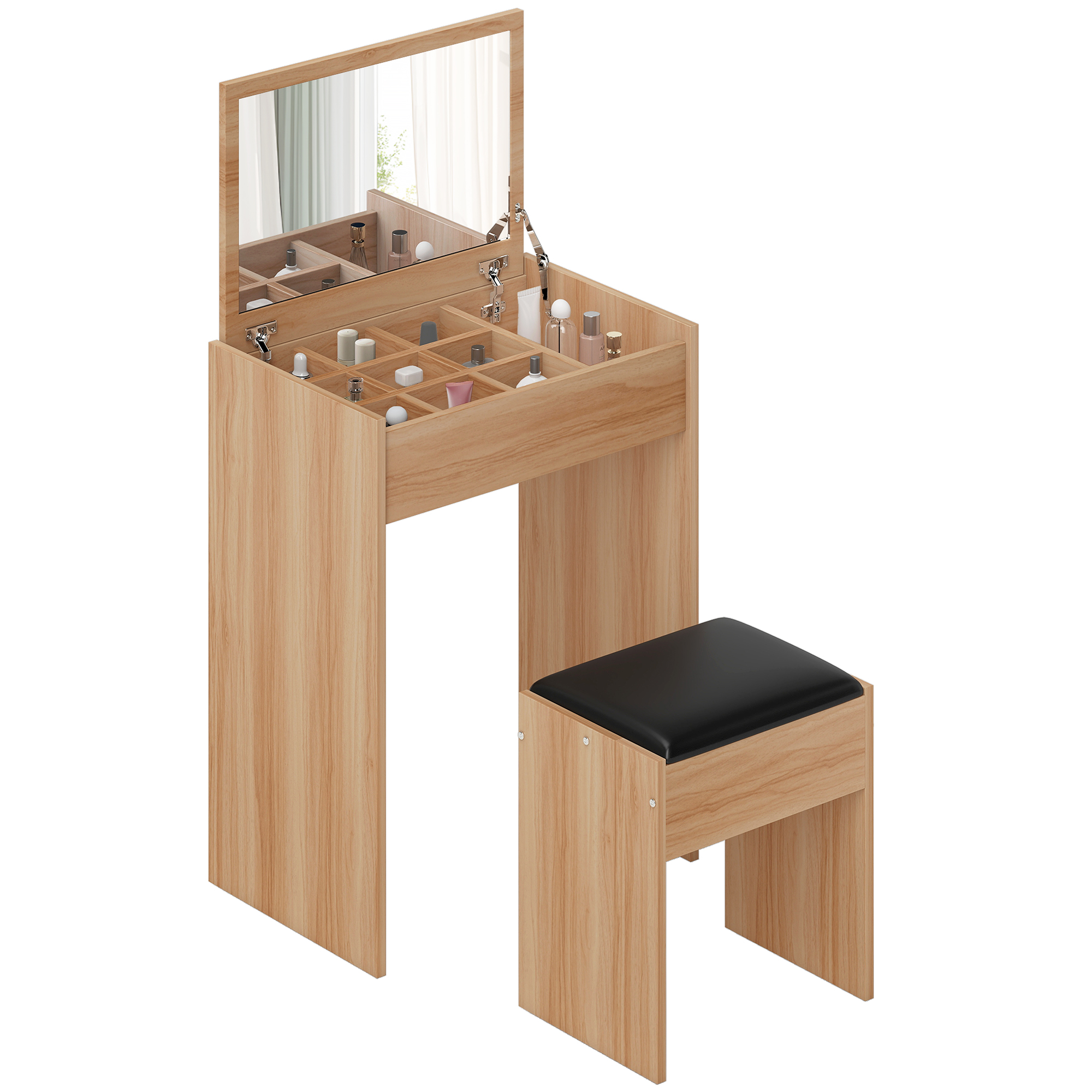 HOMCOM Dressing Table Set Padded Stool Dresser with Flip-up Mirror Multi-purpose - Wood Grain