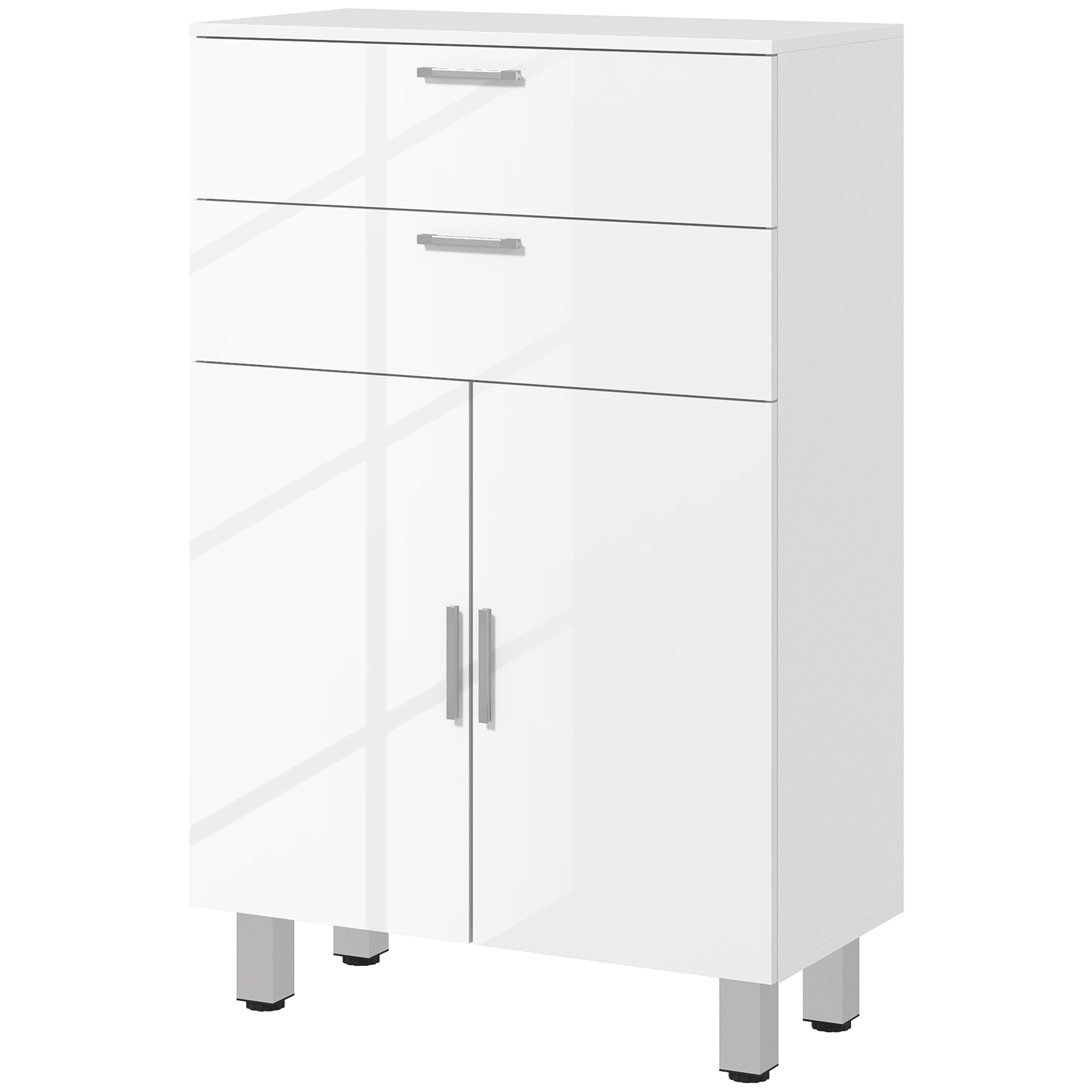 Kleankin Badkamerkast, Verstelbare planken en pootjes, met 2 Laden, Hoogglans Ontwerp, gemakkelijk schoon te maken, 60 x 30 x 93 cm, Wit | Aosom.nl
