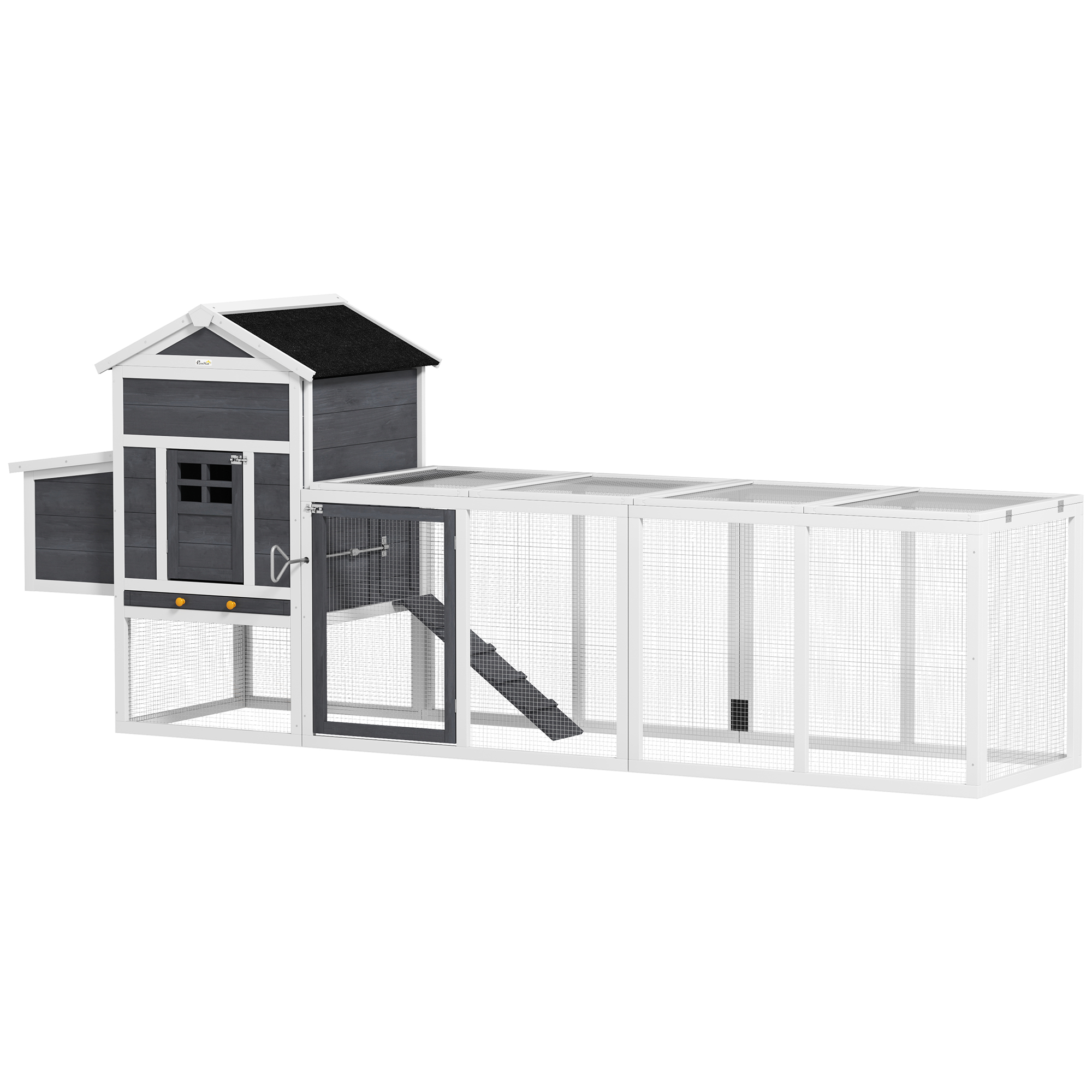 PawHut Gallinero de Madera Grande para 3-6 Gallinas con Techo Asfáltico Nido y Bandeja Extraíble 297,5x68x118 cm Blanco y Gris