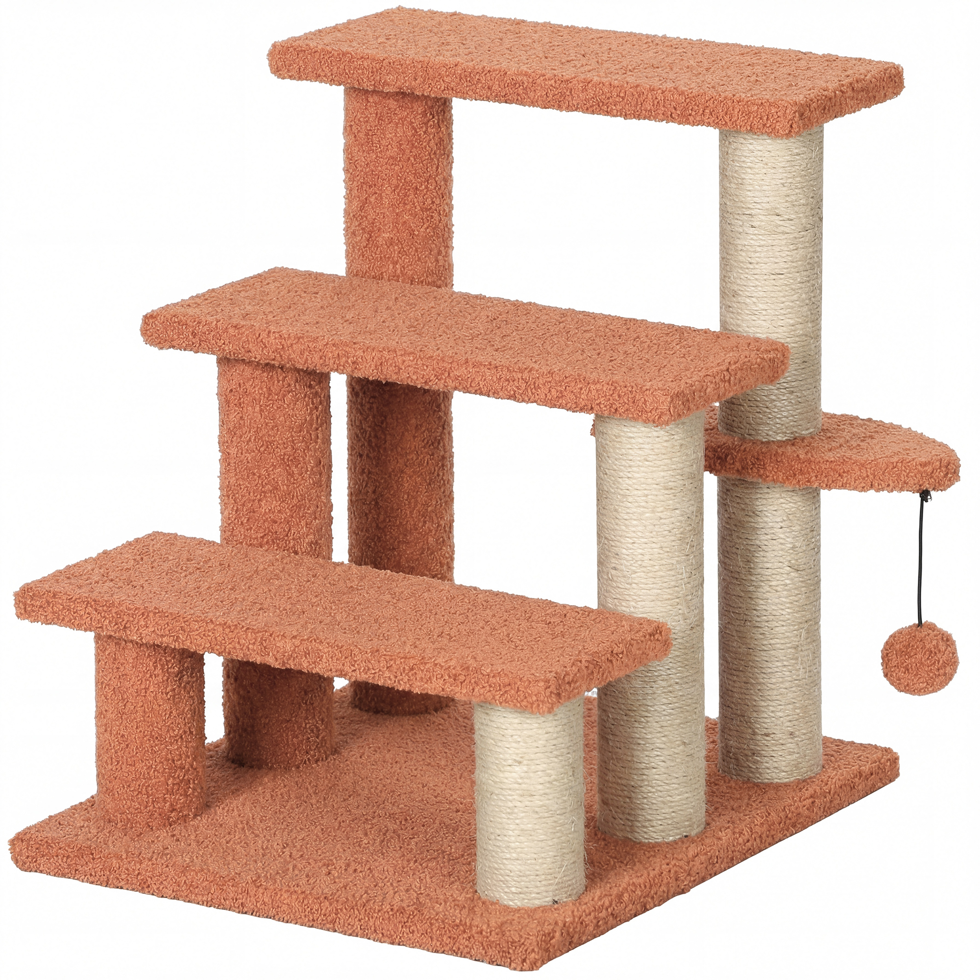 PawHut Katzentreppe Tiertreppe für Katzen und Hunde 3 Stufen mit Kratzsäulen Spielball Plüsch Braun 45x40x48cm für mehr Komfort   Aosom.de