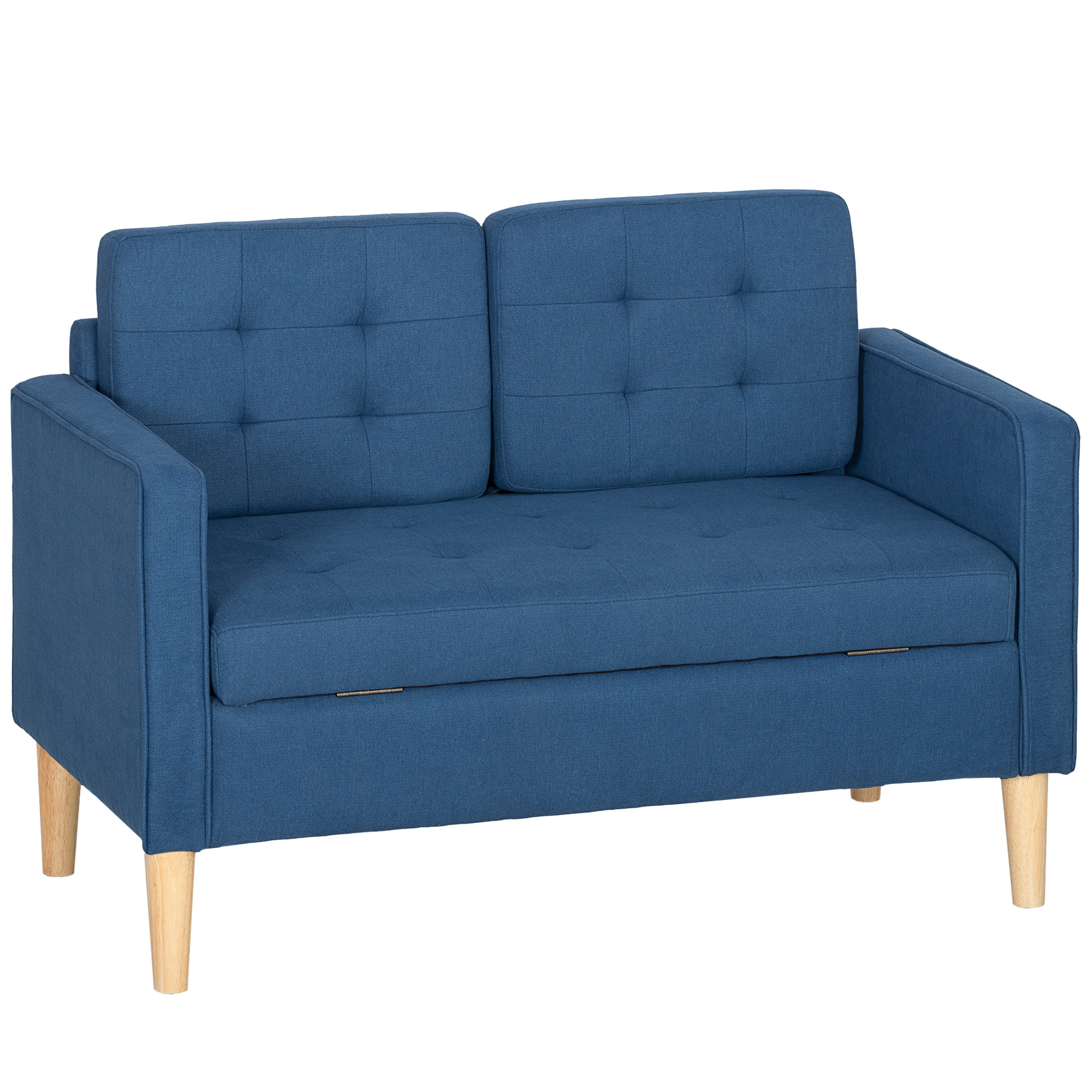 HOMCOM 2-zitsbank met Opbergruimte Knoopgestikte Rugleuning Kussens Rubberhout 117x62x78cm Blauw Compacte Elegantie 120kg Draag | Aosom.nl