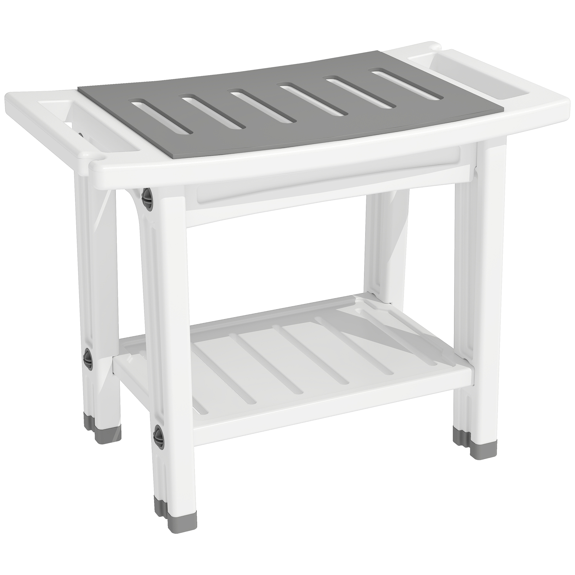 HOMCOM 2-stufige Badbank, leichte Duschbank aus HDPE mit EVA-Sitzkissen, seitliche Brausehalterung, Ablagefach, Tragkraft 120 kg, 55.5x31.5x46.5 cm, Weiß Aosom