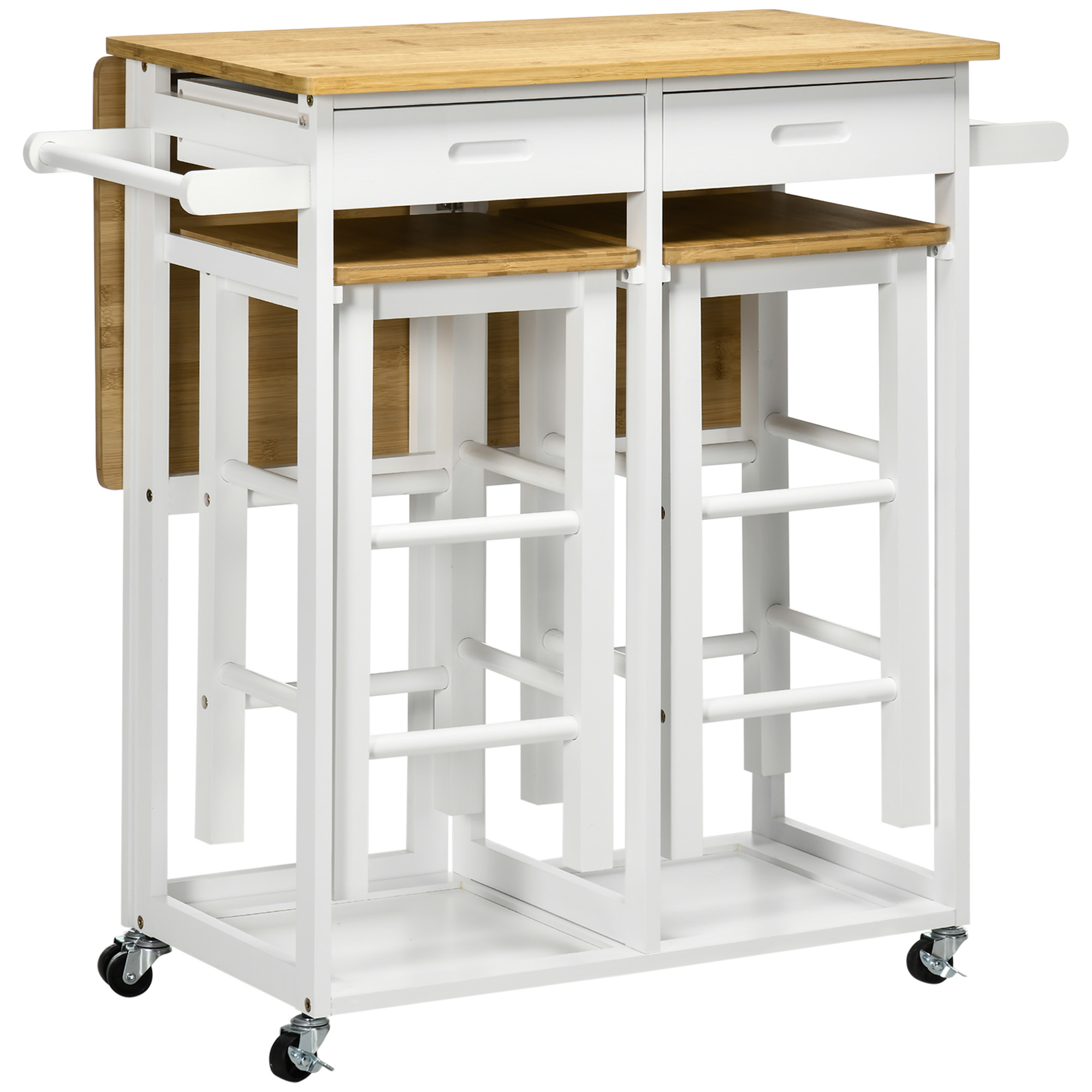 HOMCOM Juego de Mesa Alta de Bar y 2 Taburetes con Ruedas Mesa Plegable de Cocina con Taburetes 86x75,5x83,5 cm Natural