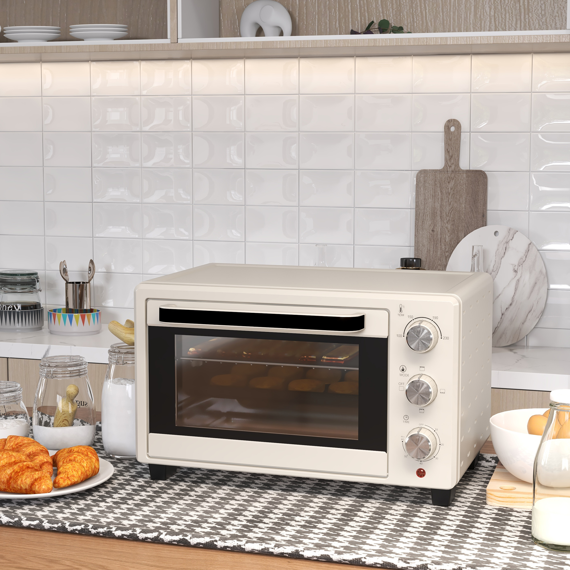 HOMCOM Minioven, 3 Kookmodi, tot 230° C, 1400W, met Accessoires, 46x38,5x29cm, Crème
