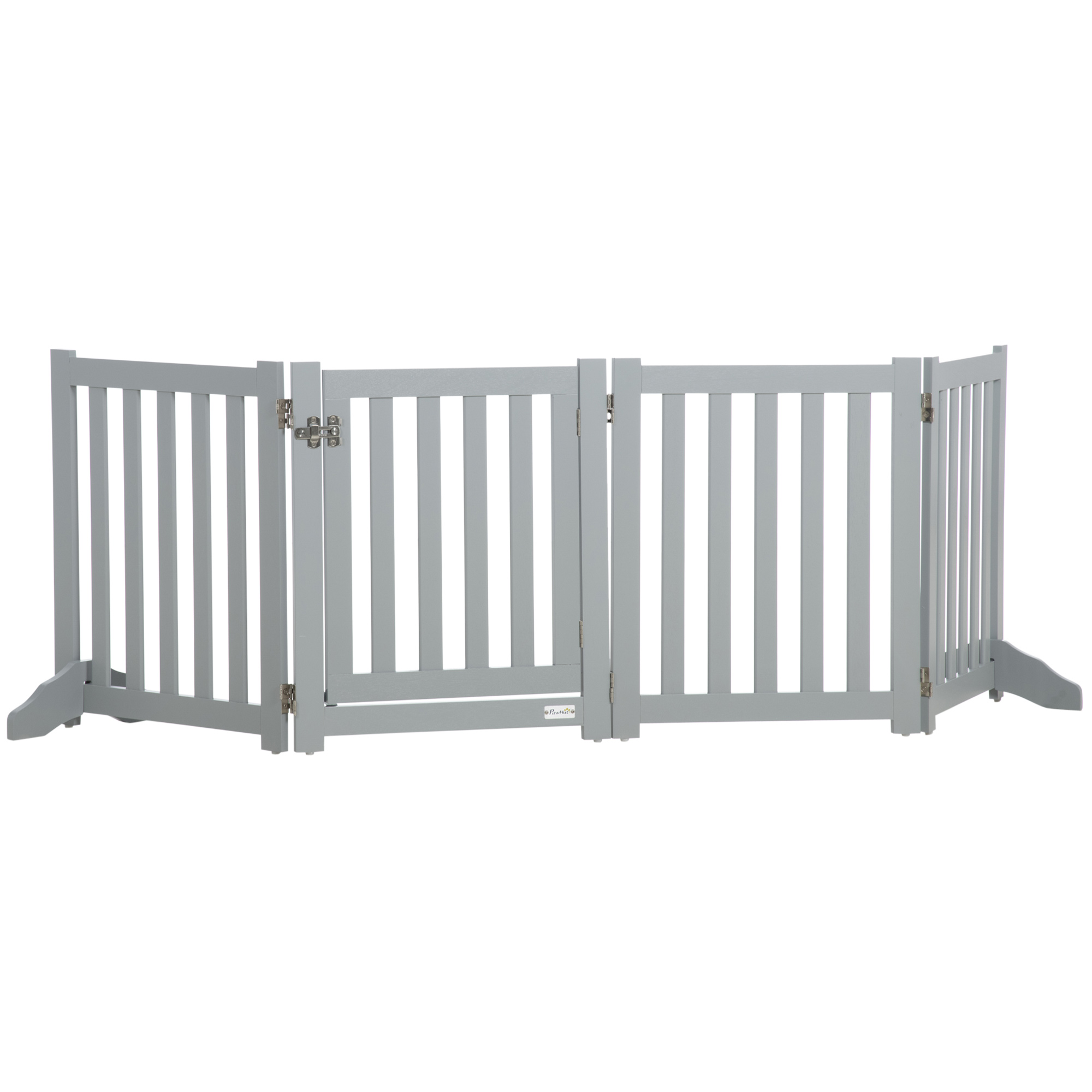 PawHut Barrière de Sécurité Chien Pliable Double Face en Bois, 4 Panneaux avec Porte, Pieds de Support, 205 x 60 cm, Gris