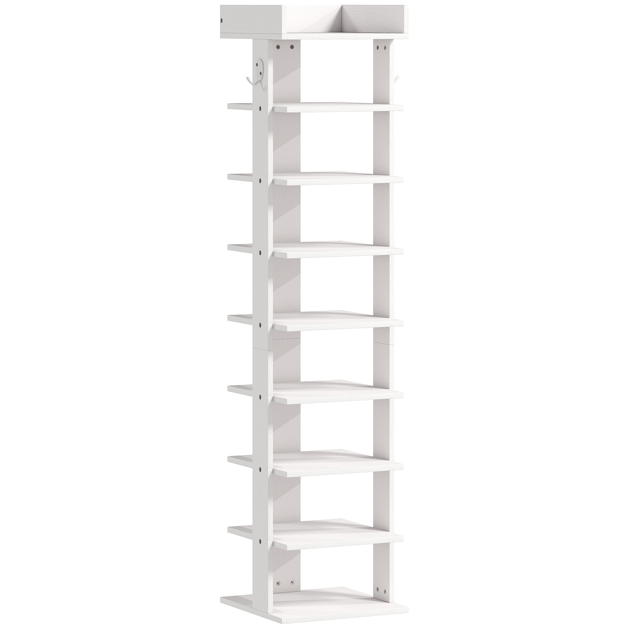 HOMCOM Étagère chaussure à 9 niveaux, range-chaussure jusqu'à 9 paires avec plateau supérieur, 2 crochets, 30x30x128,4cm, blanc