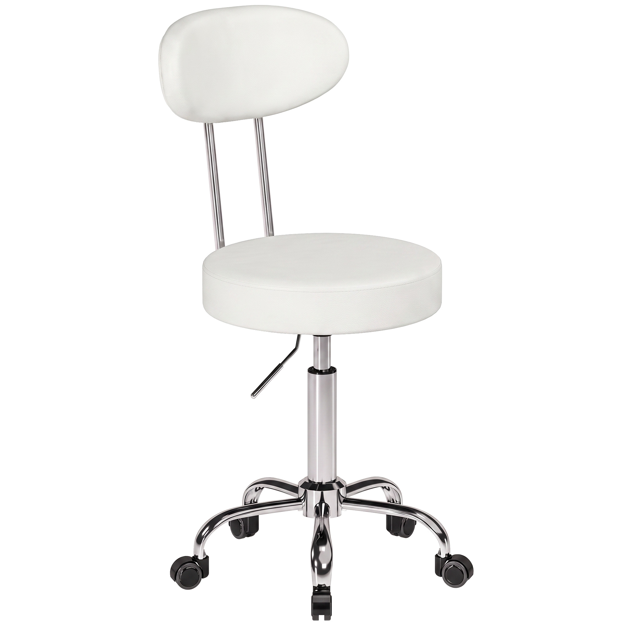 HOMCOM Rollhocker mit Rollen, drehbarer Hocker mit Rückenlehne, höhenverstellbar, PU-Kunstlederbezug, gepolsterter Sitz, für Spa, Tattoo-Studio, Büro, Schlafzimmer, Weiß Aosom