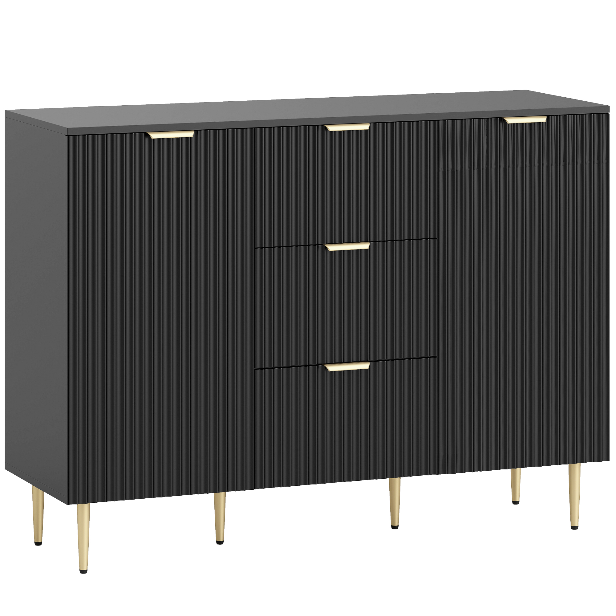 HOMCOM Bufet mobilier bucătărie depozitare cu 3 sertare, rafturi reglabile, dulapuri cu uși canelate, 120 x 40 x 90 cm, negru | Aosom Romania