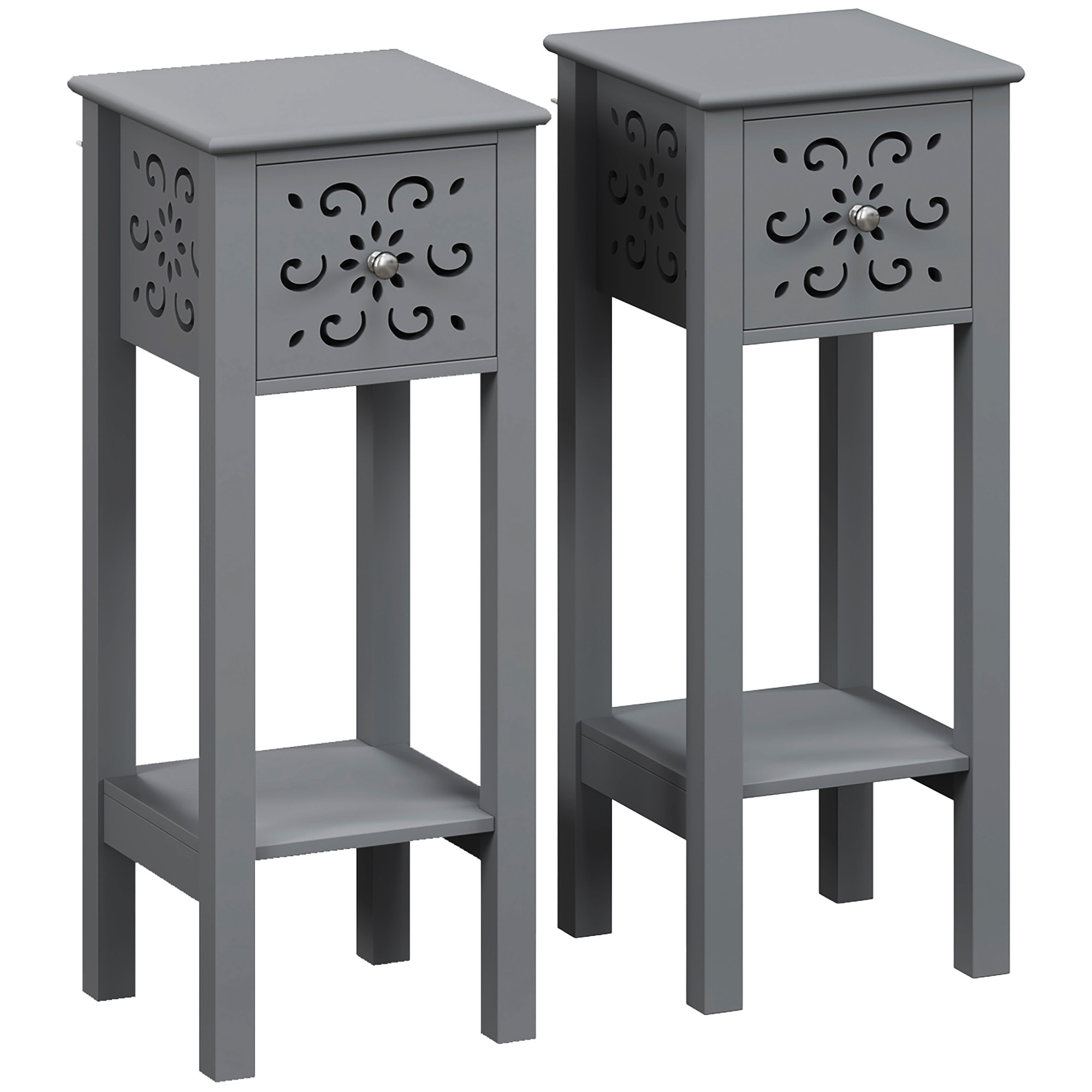HOMCOM Set of Two Elegant Floral Cut-Out Side Tables – Grey