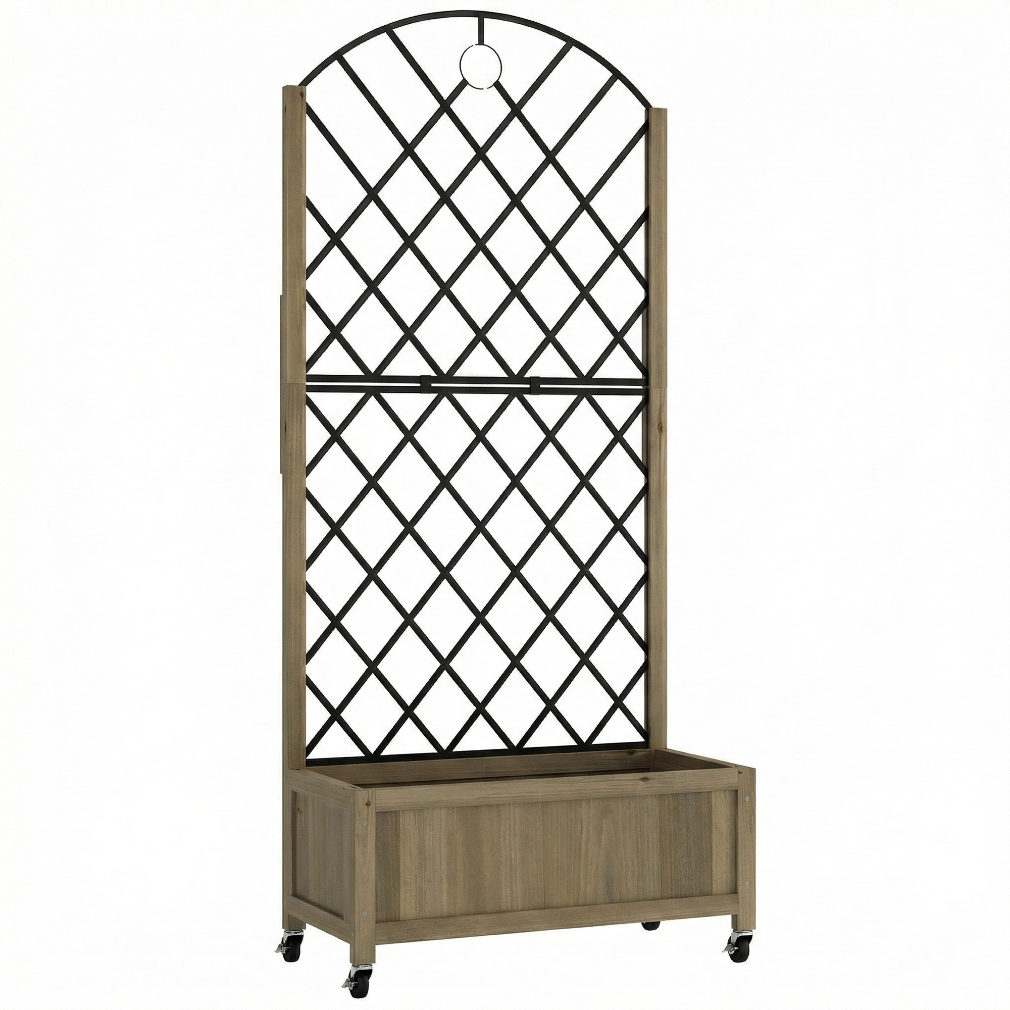 Outsunny Carbonised Finish Raised Garden Bed With Metal Trellis, Wooden Elevated Planter Box W/Lockable Wheels, Outdoor Raised Planter, Carbonised