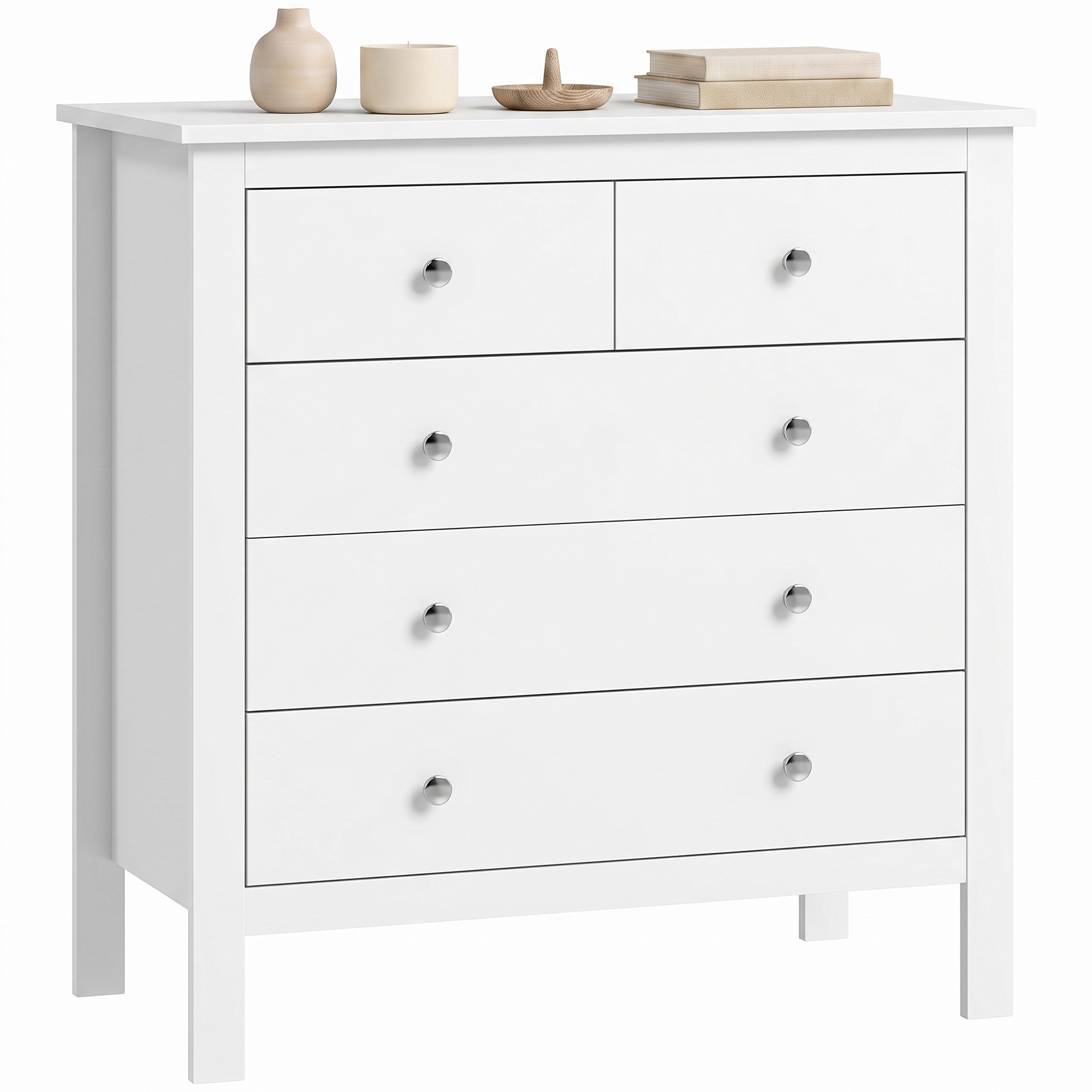 HOMCOM White Storage Cabinet with 5 Drawers, Chest of Drawers with Metal Handles and Runners for Bedroom Living room, Nursery, Closet Aosom UK