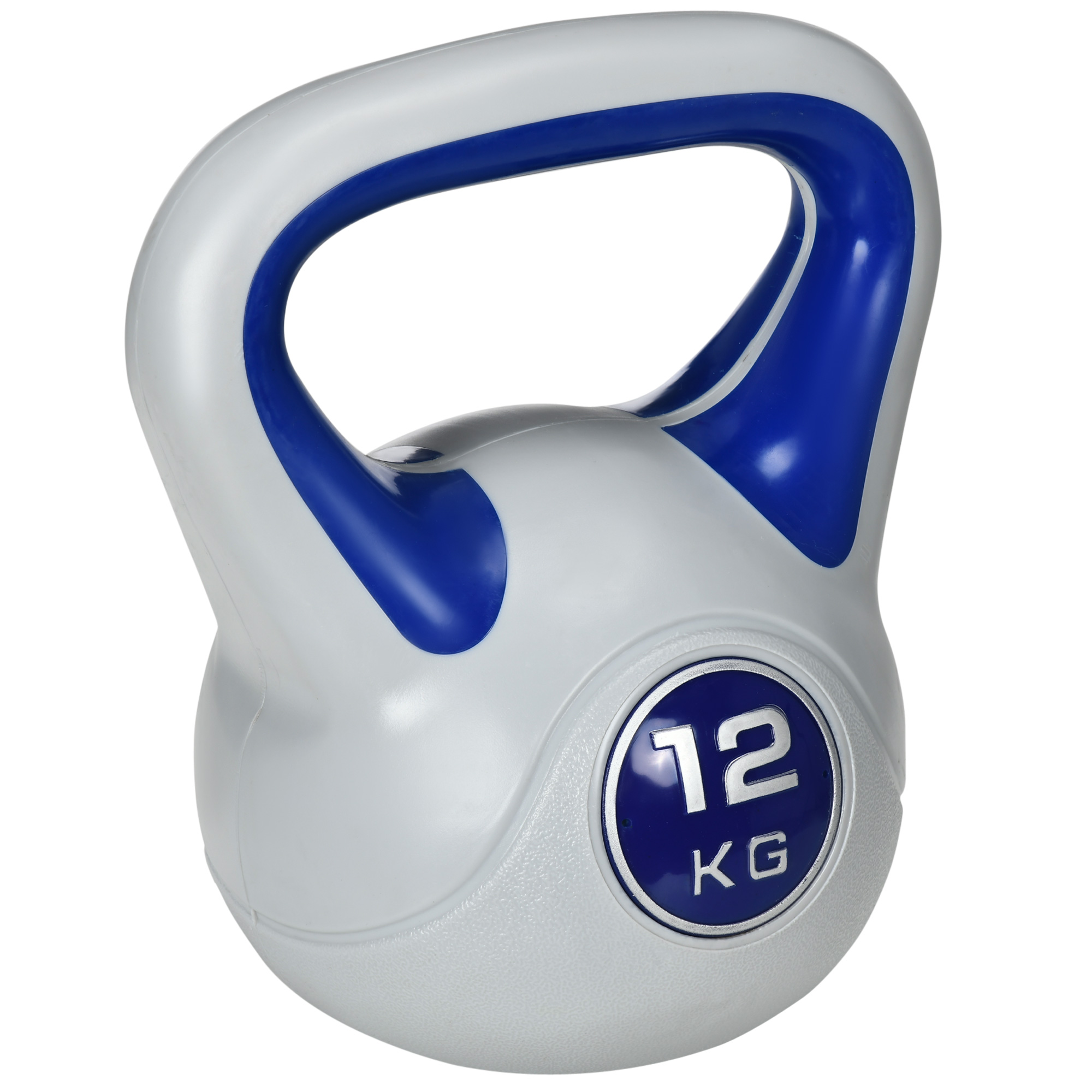 Kugelhantel, Kettlebell, 12 kg, flache Unterseite, großer Griff, Kunststoffmantel, blau, 24 x 17 x 28 cm