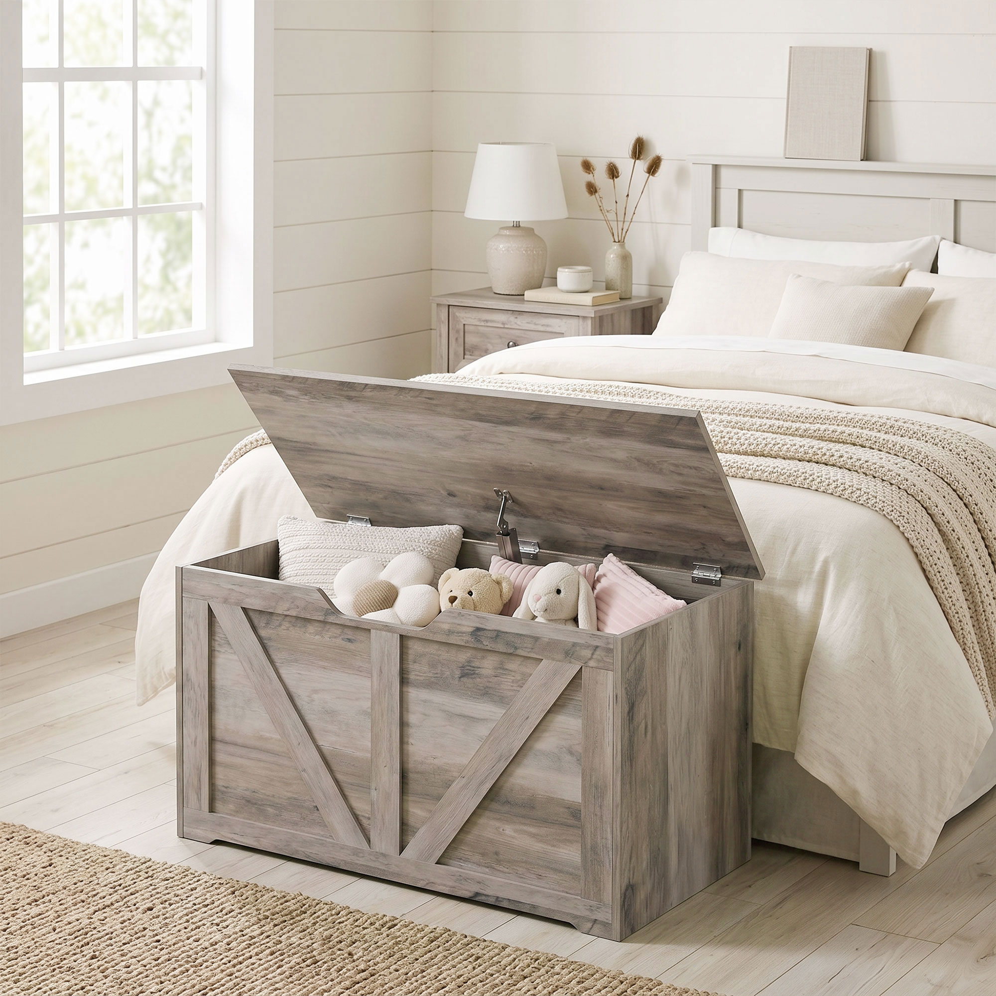 HOMCOM 100L Home Storage Box, with Safety Hinge – Grey Wood-Effect