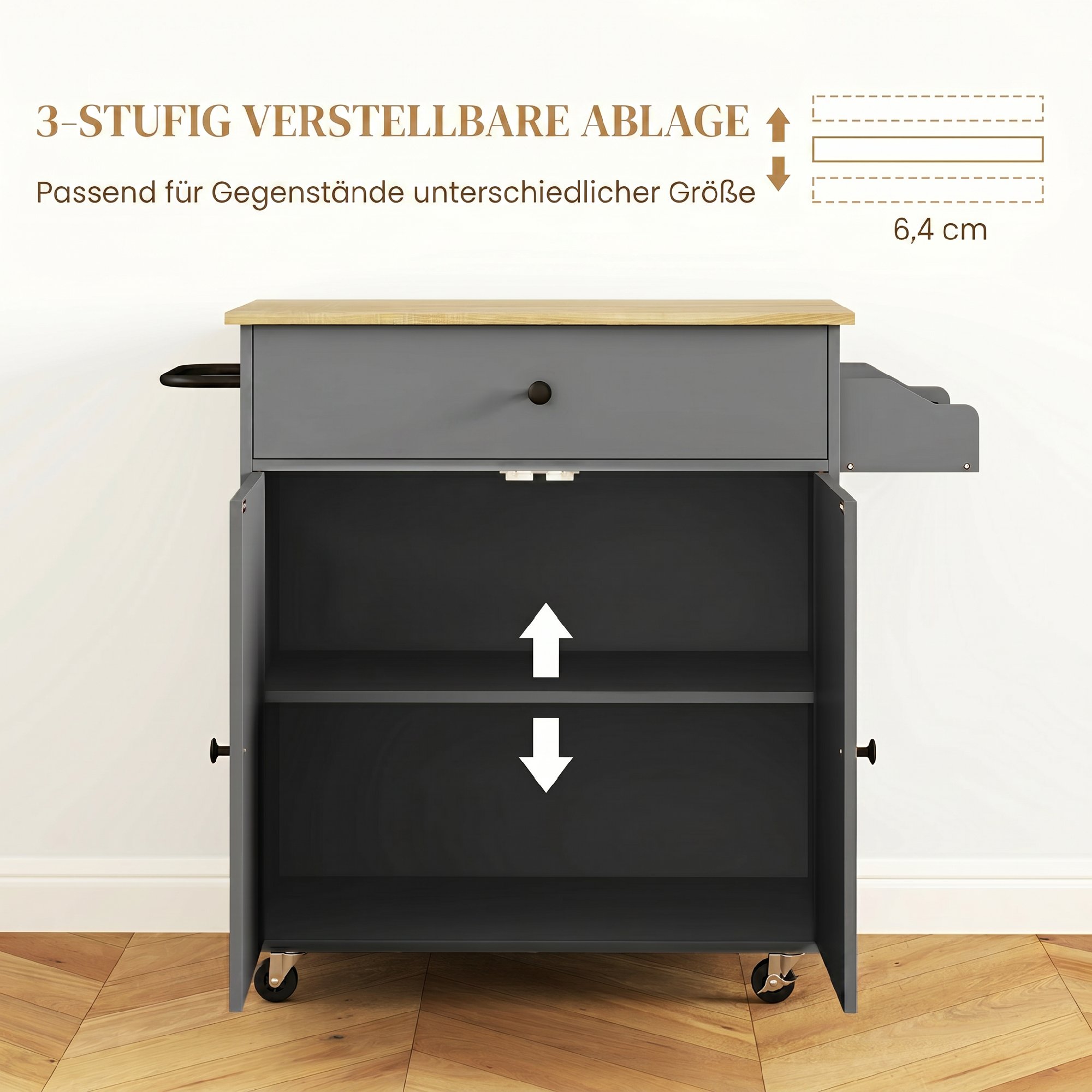 Köögikäru sahtli, kapi ja käterätikuivatiga, 106 x 42 x 87 cm, hall/tamm