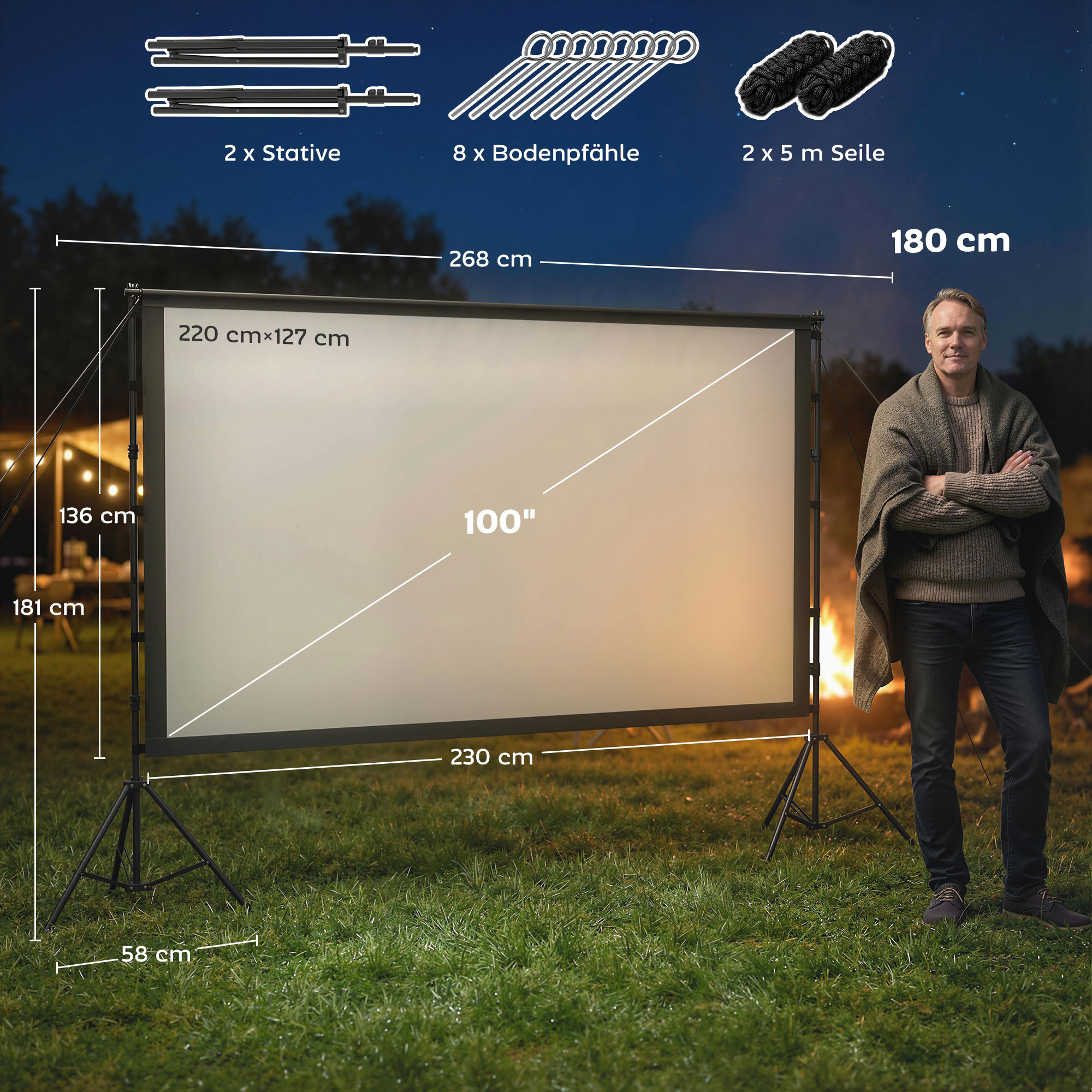 100-tolline 16:9 HD 4K/8K projektori ekraan alusega, kaasaskantav kahepoolne ekraan kokkupandavate statiividega, valge