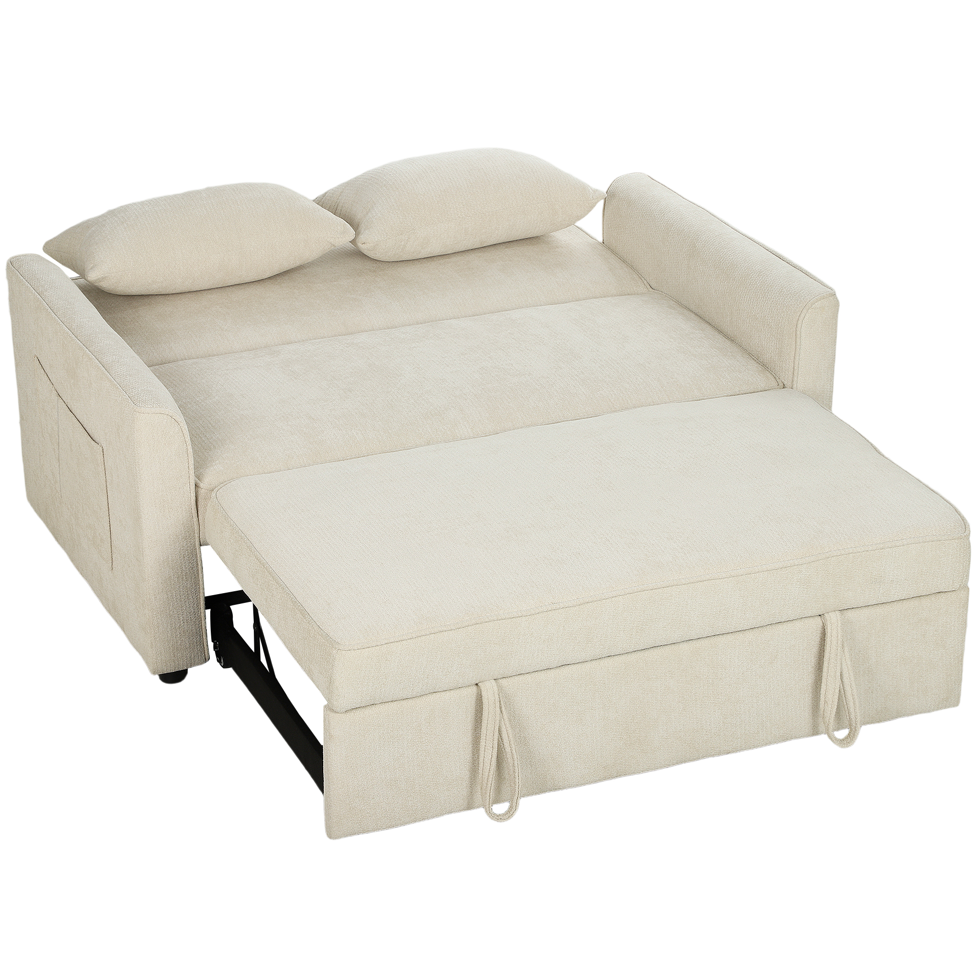 HOMCOM 2-Sitzer Schlafsofa 3-in-1, Clic-Clac Chenille Sofa 142 cm, verstellbare Rückenlehne, Sitz mit Taschenfedern, 2 Kissen, Seitentaschen, für Wohnzimmer, Schlafzimmer, kleine Räume, Beige Aosom