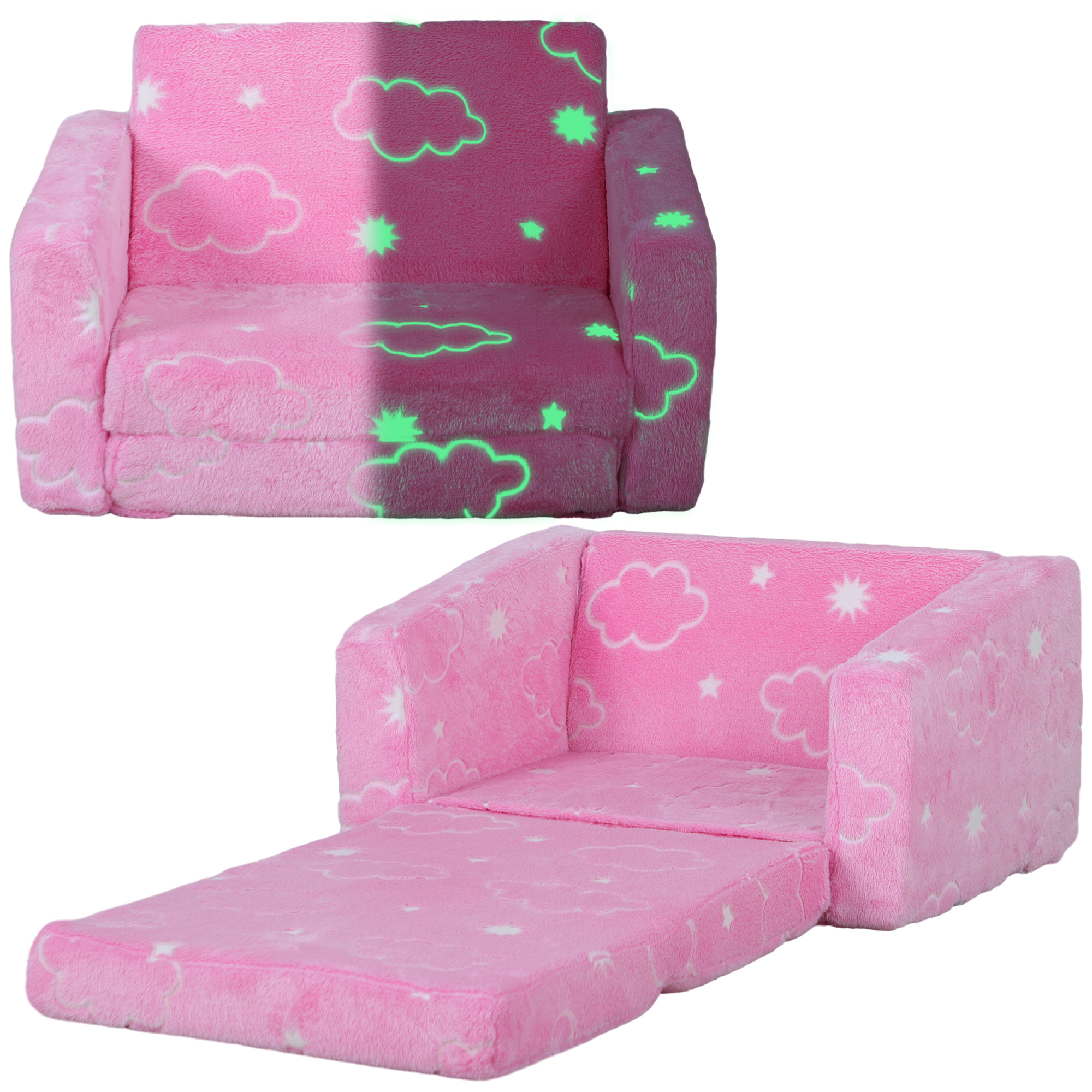 AIYAPLAY Sofá Infantil Plegable 2 en 1 Tapizado de Tela Luminosa con Patrón de Nubes Cojín y Funda Lavables Rosa | Aosom España