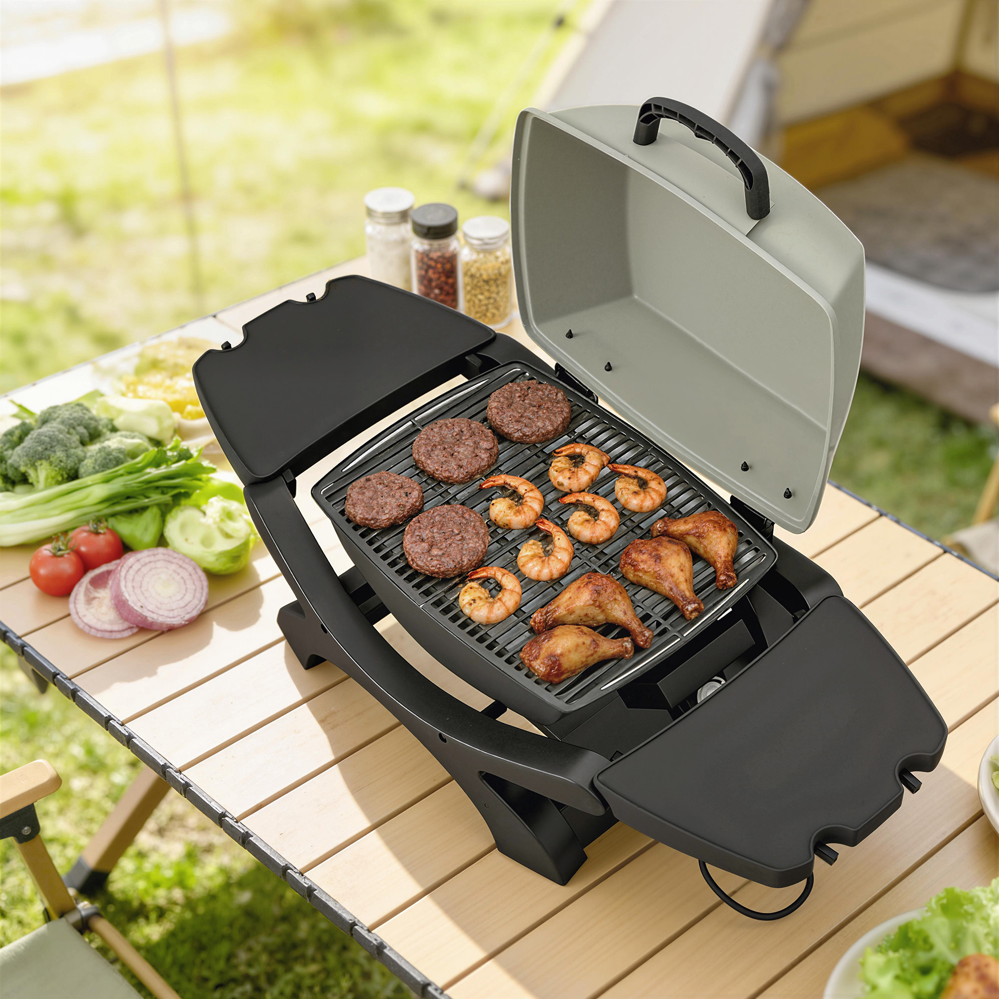Outsunny Tischgrill Elektrisch 2300W 23x71 cm tragbar Elektrogrill mit Antihaftbeschichtete Grillrosten Fettauffangschale