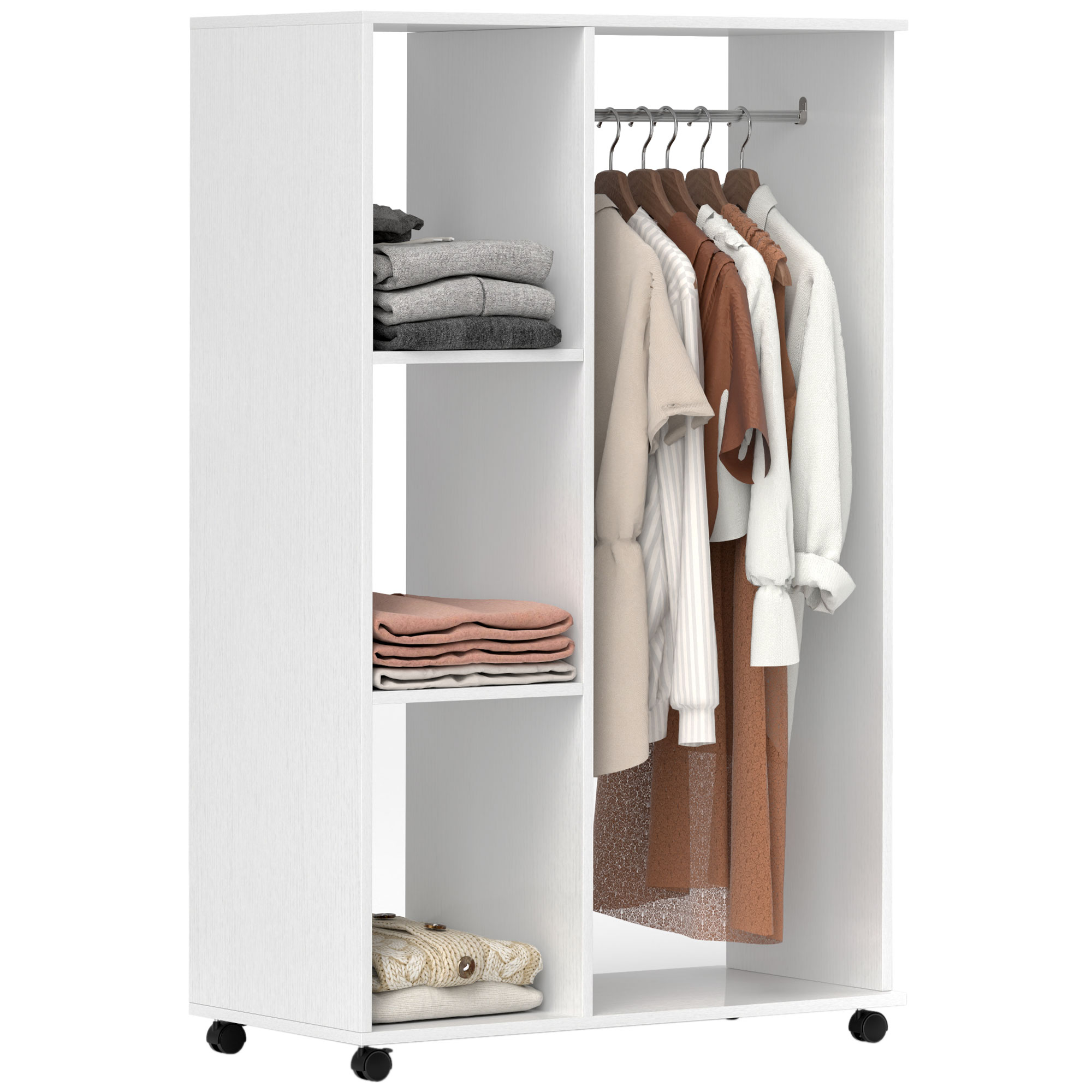 HOMCOM Open Wardrobe with Hanging Rail and Storage Shelves w/Wheels Bedroom-White