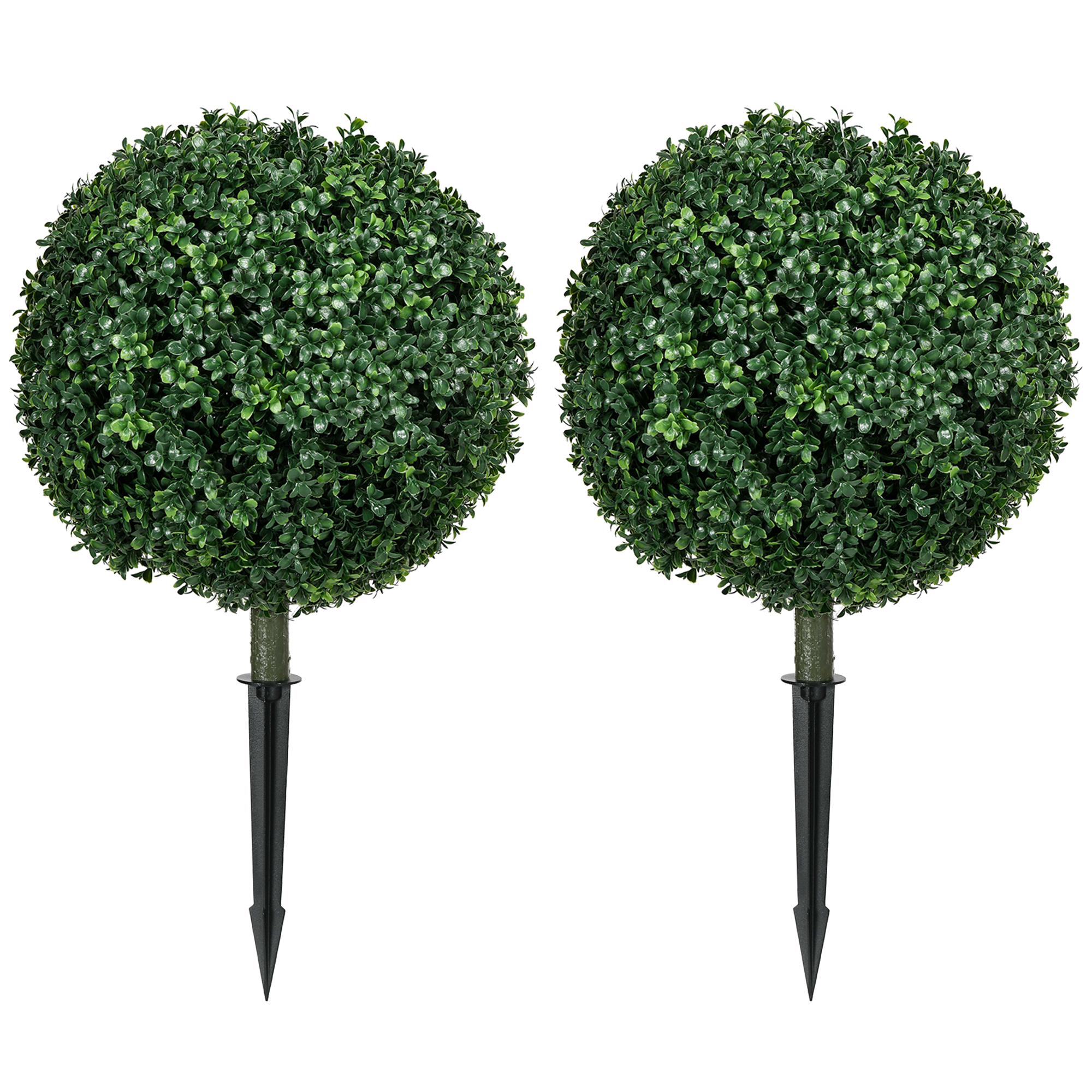 Homcom Green Artificial Boxwood Trees W/ Ground Stake, Set Of 2 Ball Shaped Topiary Trees For Home Office & Living Room, Uv Resistant