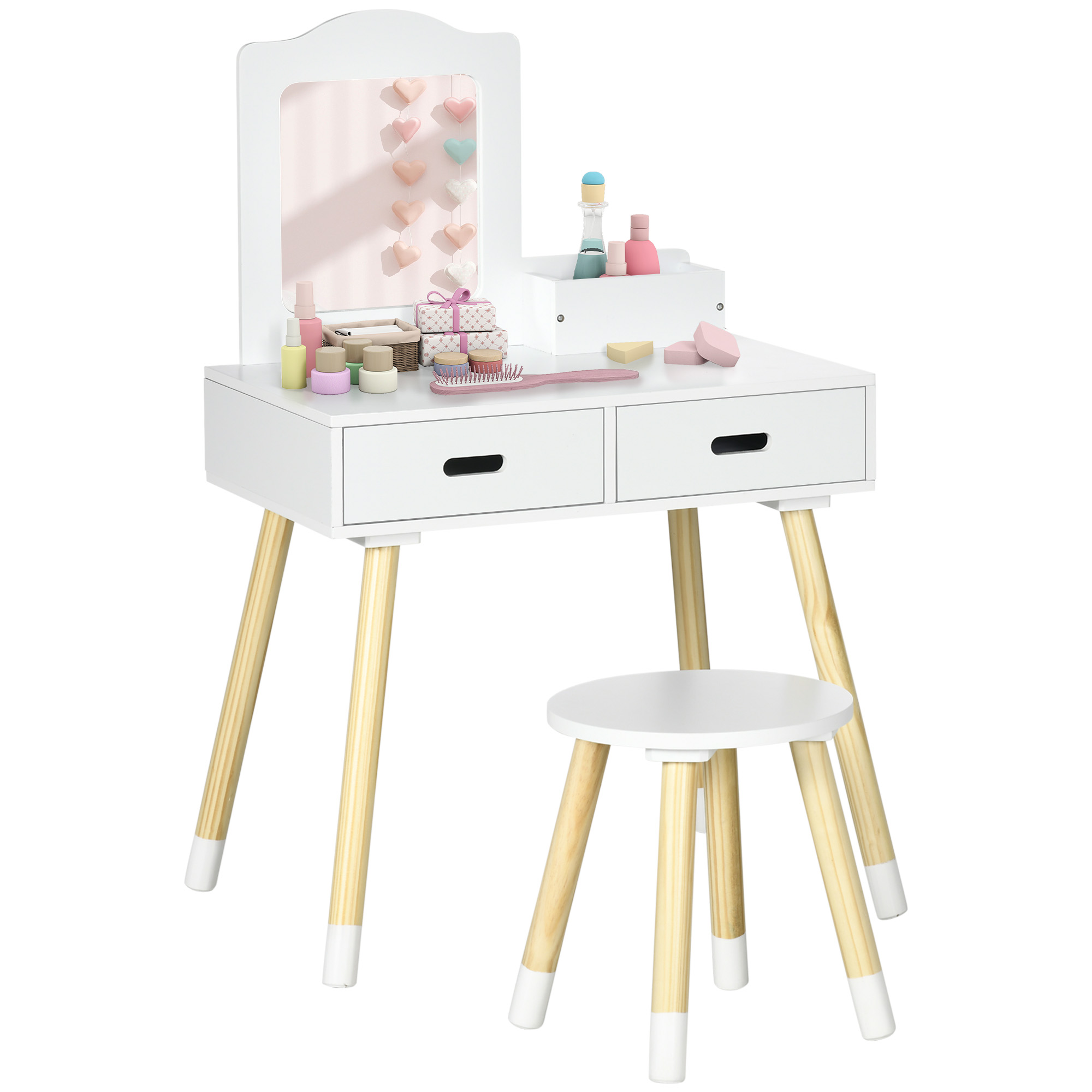 ZONEKIZ Tocador de Madera Infantil con Taburete y Espejo Centro de Belleza con 2 Cajones para 3-6 Años 60x40x95cm Blanco | Aosom España