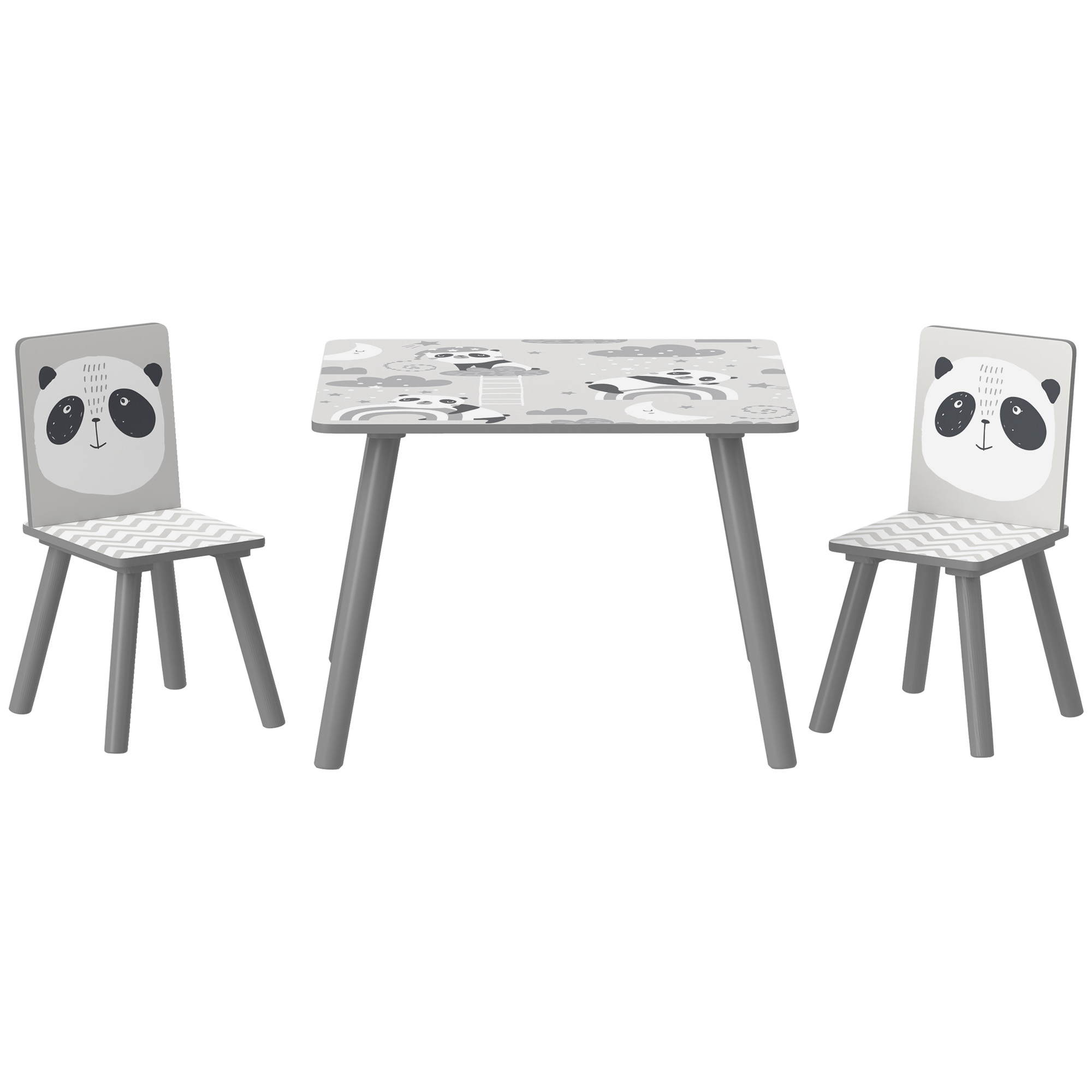 ZONEKIZ Set de Mesa y 2 Sillas Conjunto de Muebles Infantiles de 3 Piezas para Niños de +3 Años con Cenefa y Panda Gris y Blanco